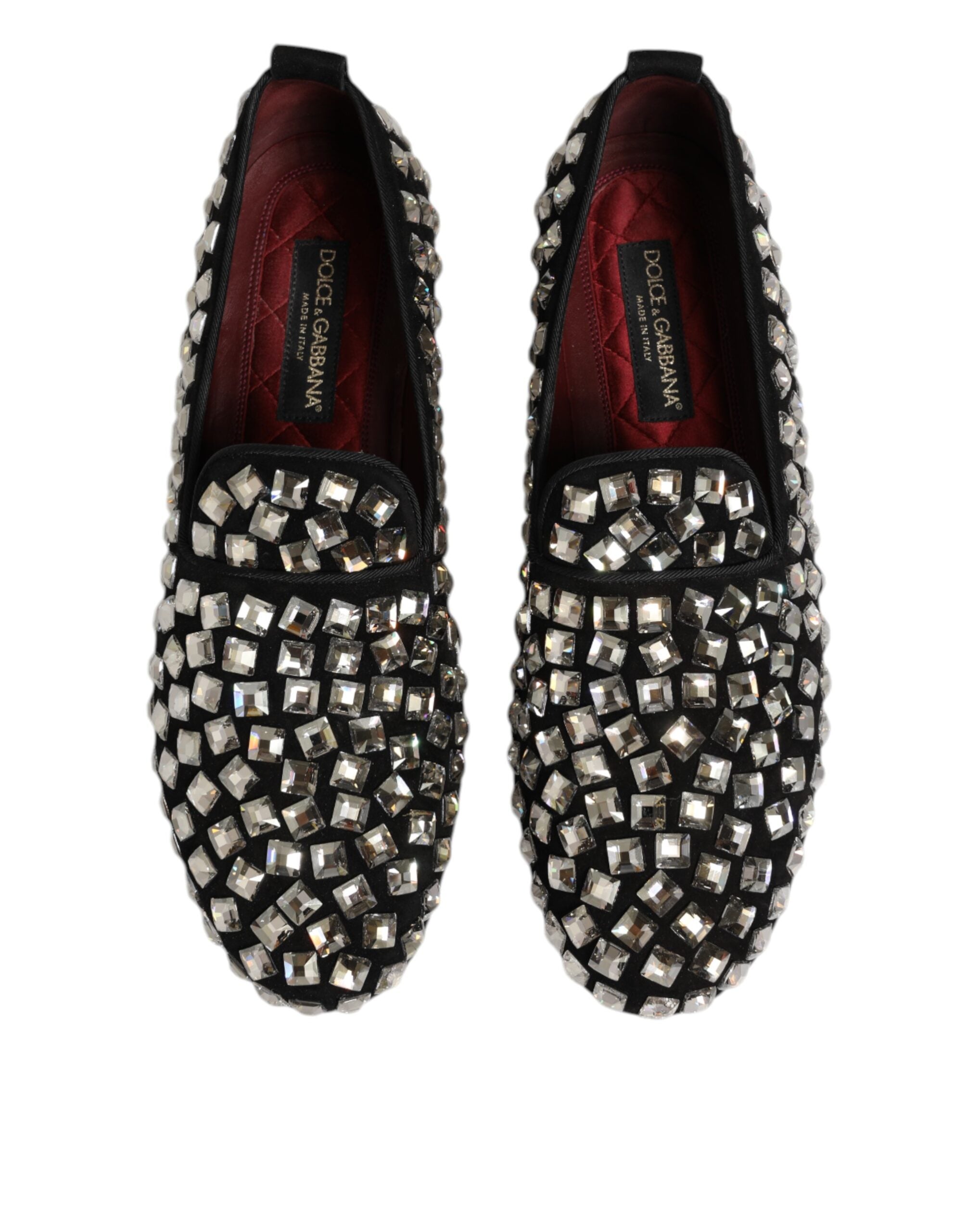 Chaussures homme Dolce & Gabbana en daim noir avec cristaux, loafers élégants pour dress code sophistiqué.