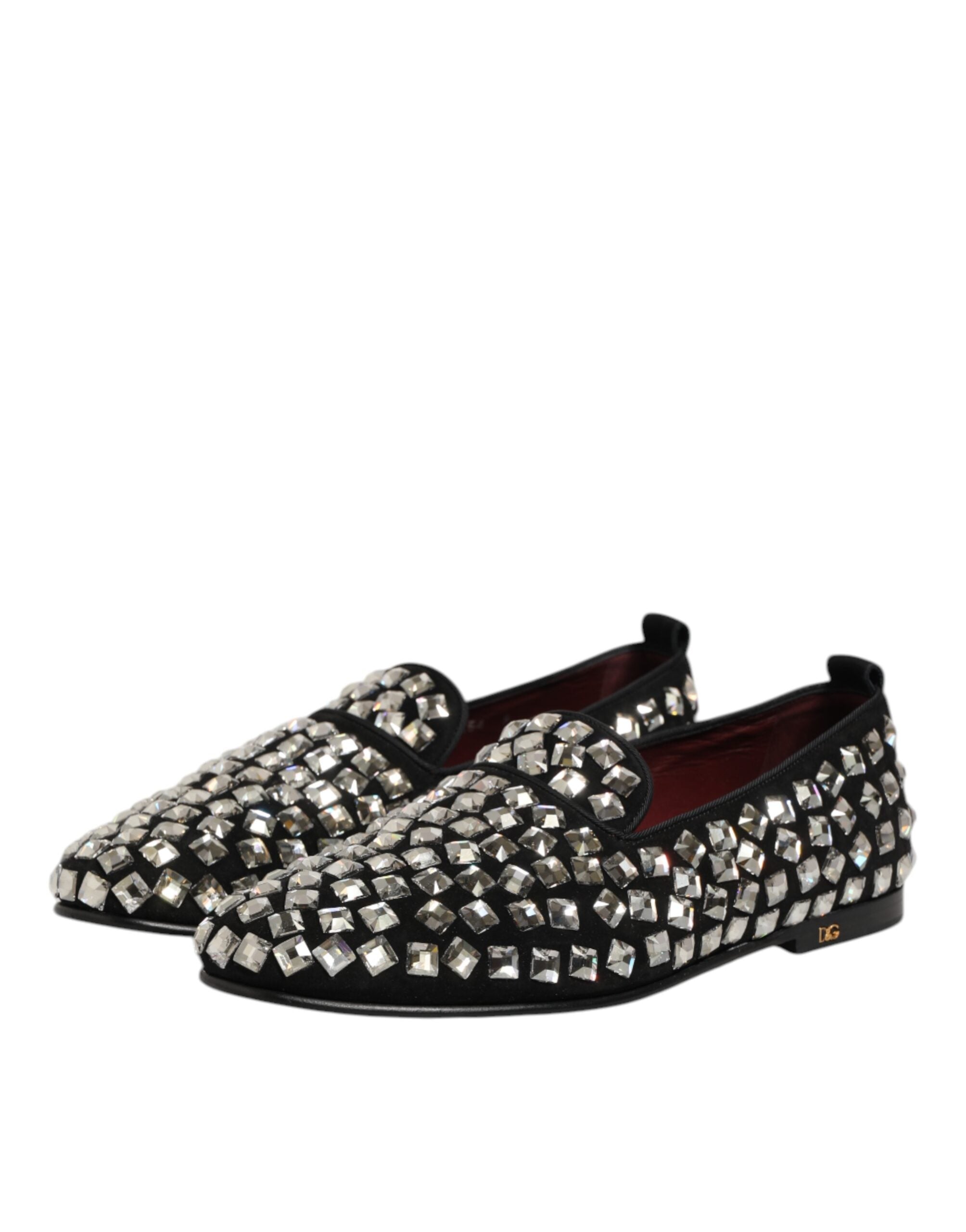 Chaussures habillées en daim noir Dolce & Gabbana pour homme avec cristaux, loafers élégants et sophistiqués.