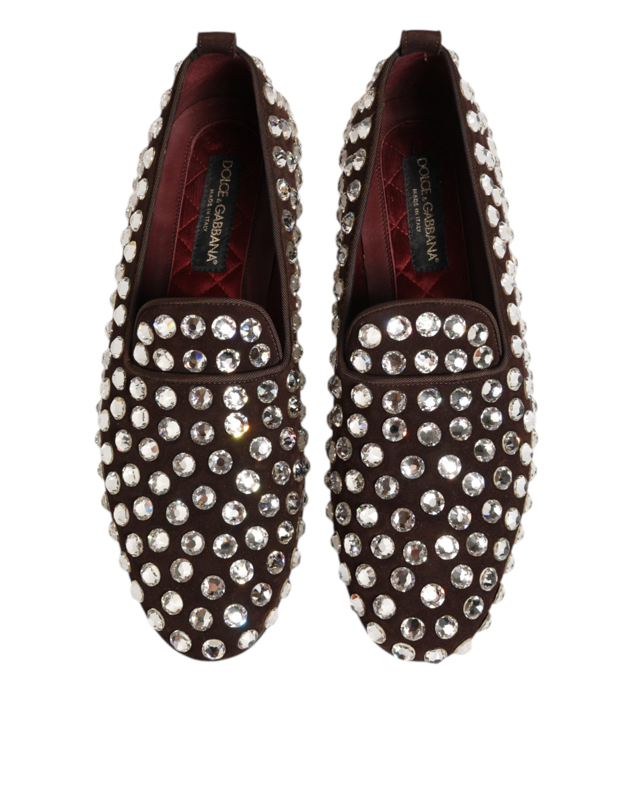 Chaussures Dolce & Gabbana en daim bordeaux avec cristaux, loafers élégants pour femmes ou hommes.