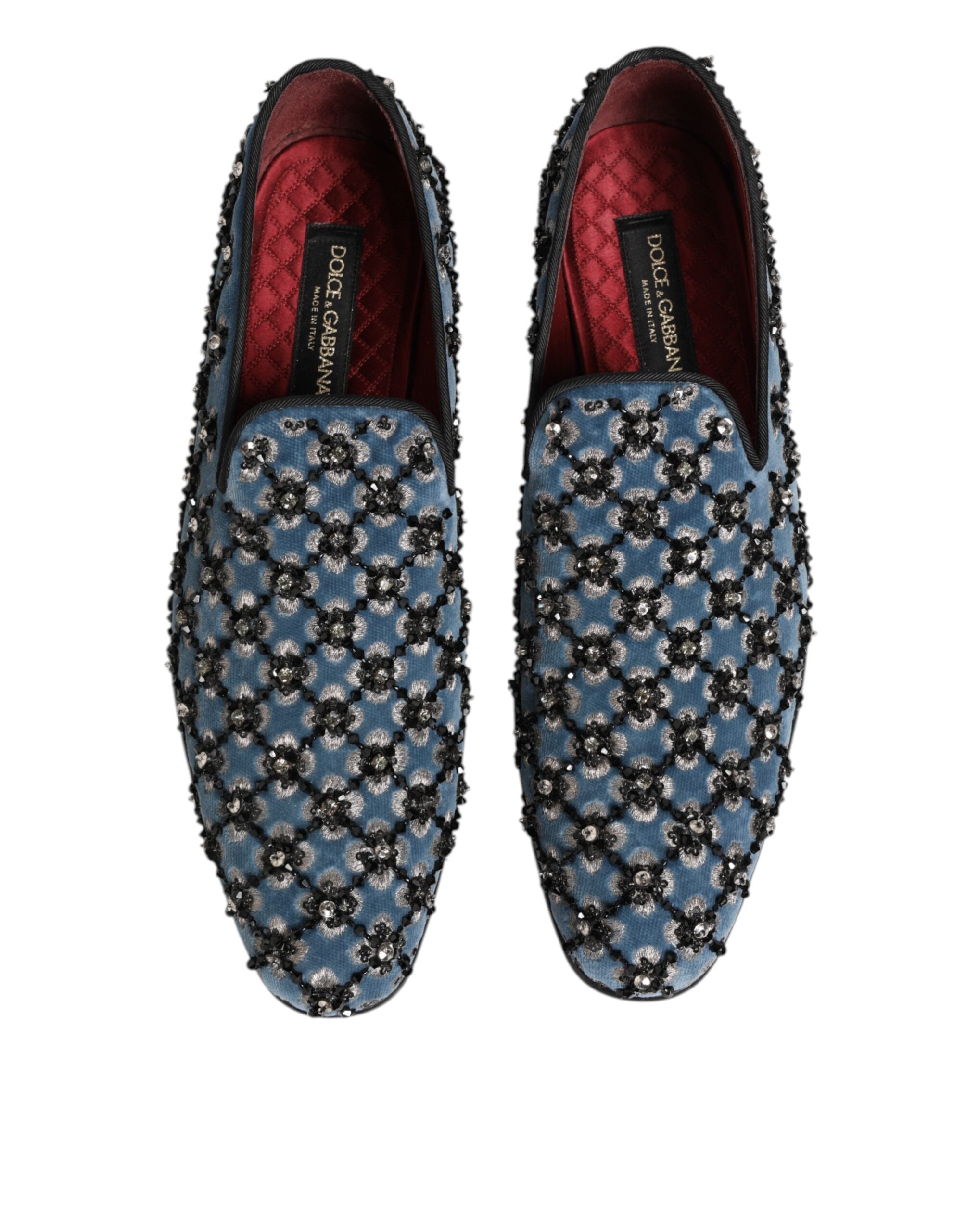Chaussures Mocassins homme Dolce & Gabbana en velours bleu avec détails en cristal et finition élégante.