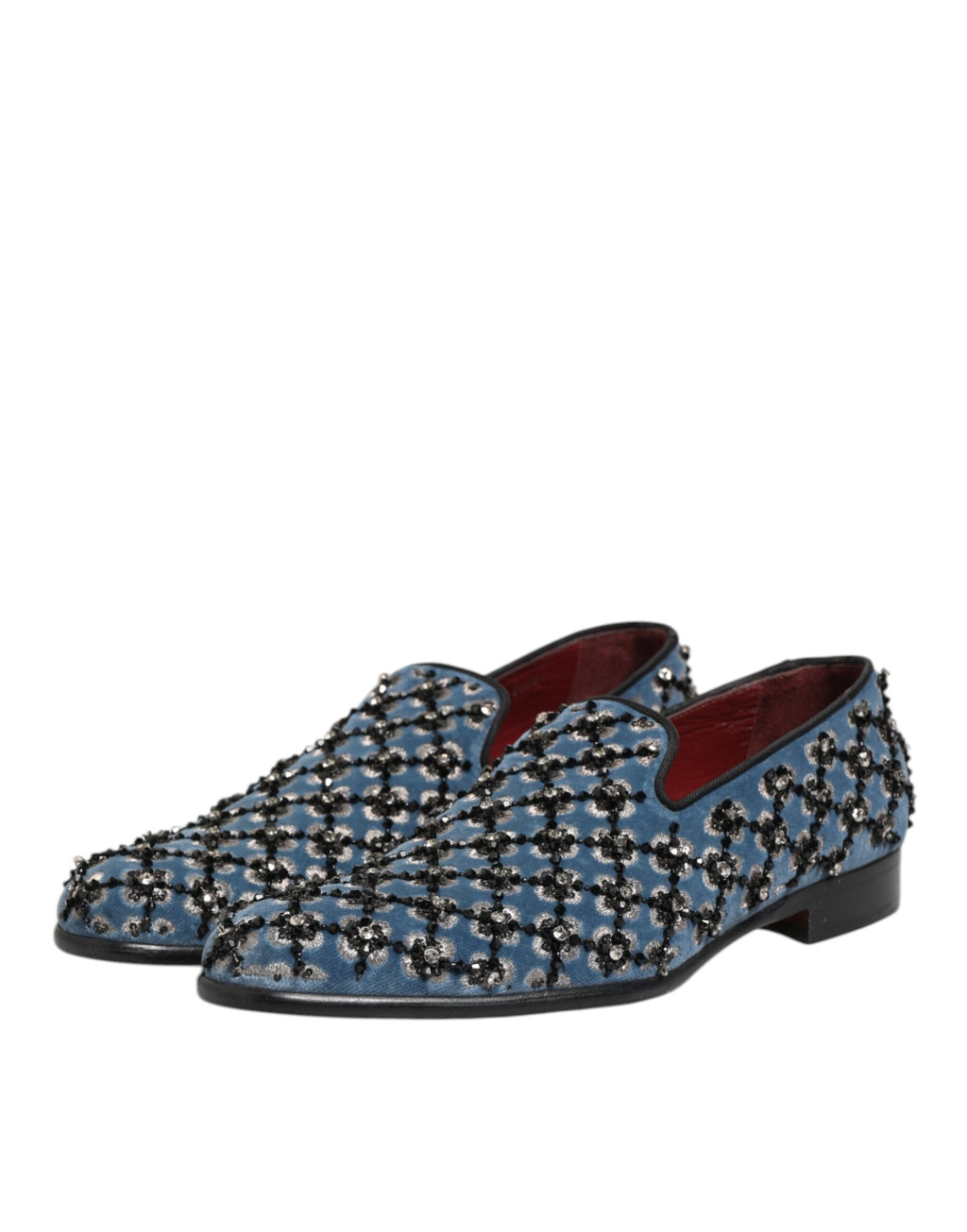 Chaussures mocassins pour homme Dolce & Gabbana en velours bleu avec détails en cristal, élégantes et raffinées.