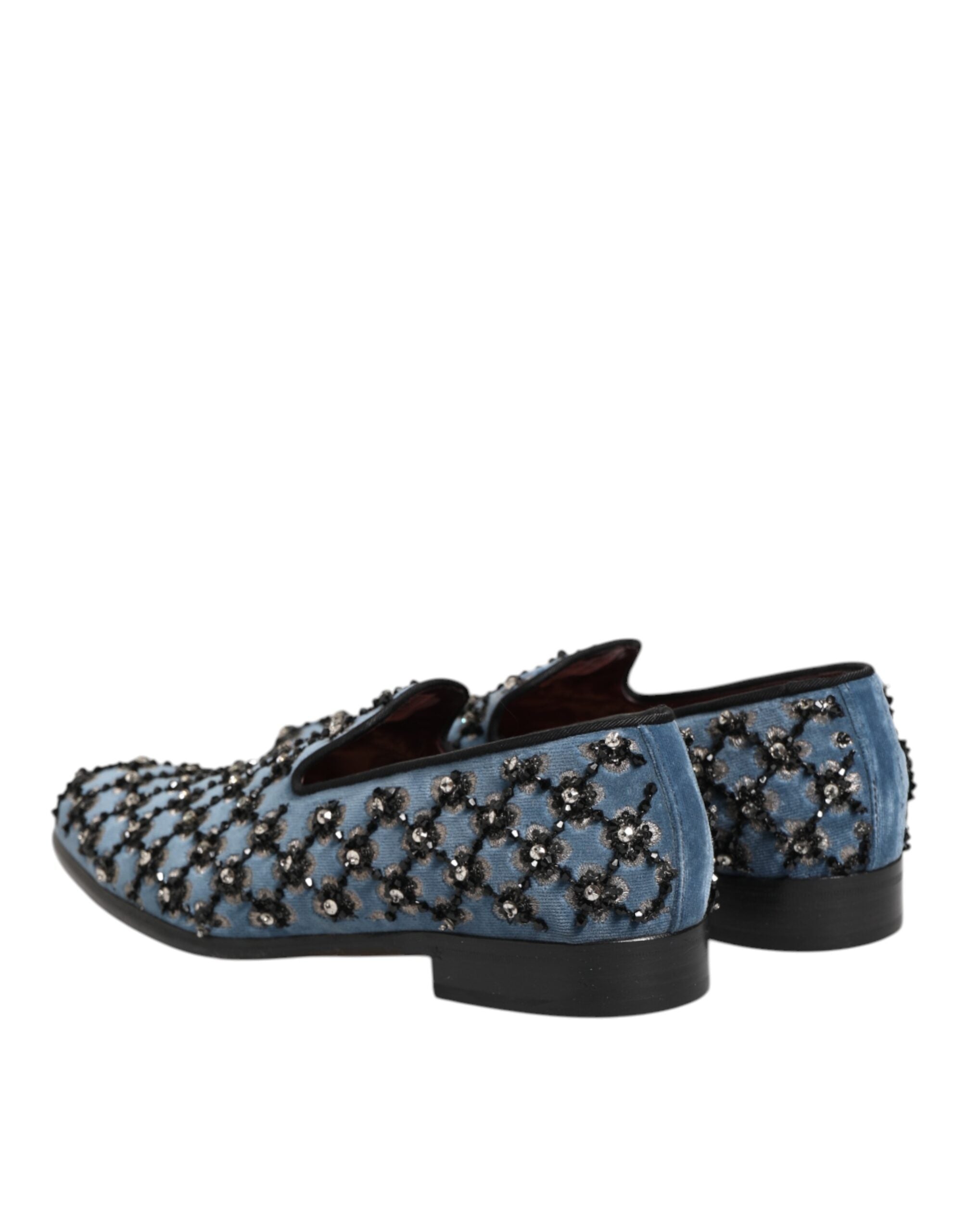 Chaussures Loafer en velours bleu pour homme Dolce & Gabbana avec détails en cristal, élégantes et sophistiquées.
