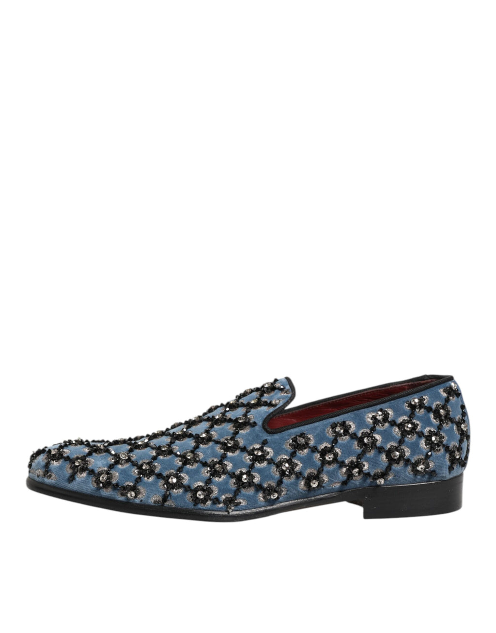 Chaussures mocassins pour homme Dolce & Gabbana en velours bleu avec détails en cristal, élégantes et sophistiquées.