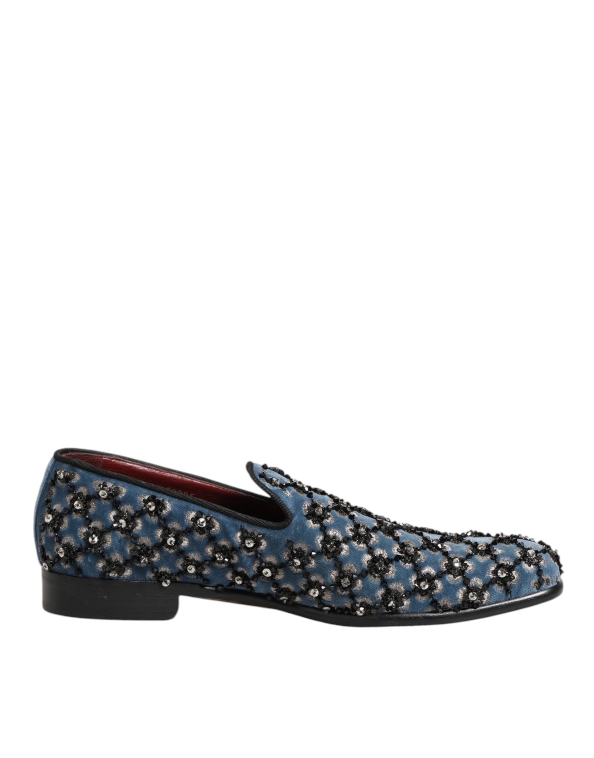 Mocassins en velours bleu Dolce & Gabbana pour homme avec détails en cristal, style élégant et sophistiqué.