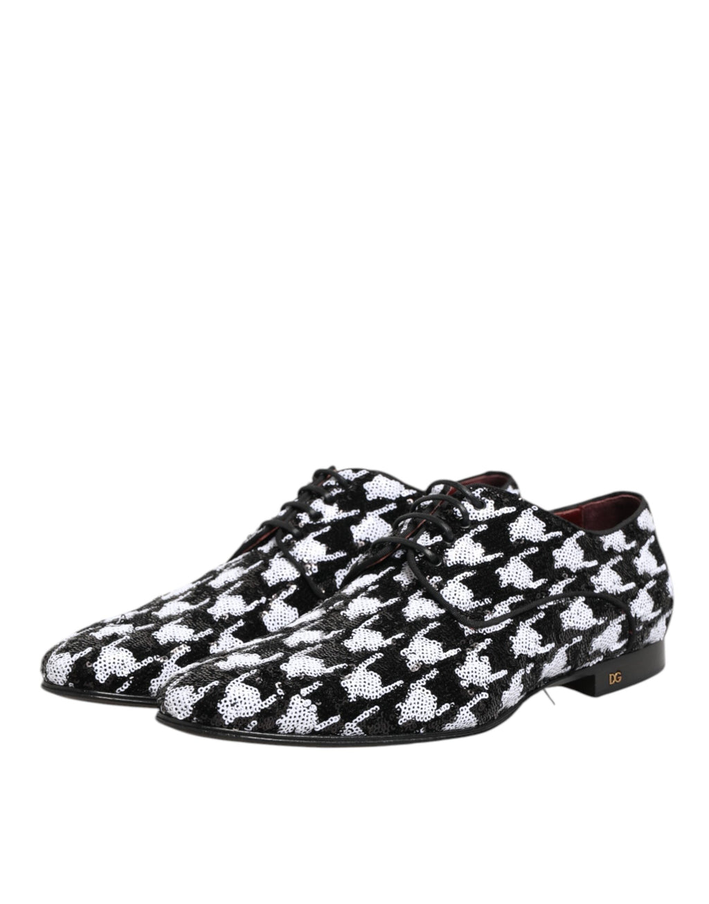 Chaussures Derby Dolce & Gabbana noires et blanches avec sequins et lacets, style élégant et sophistiqué.
