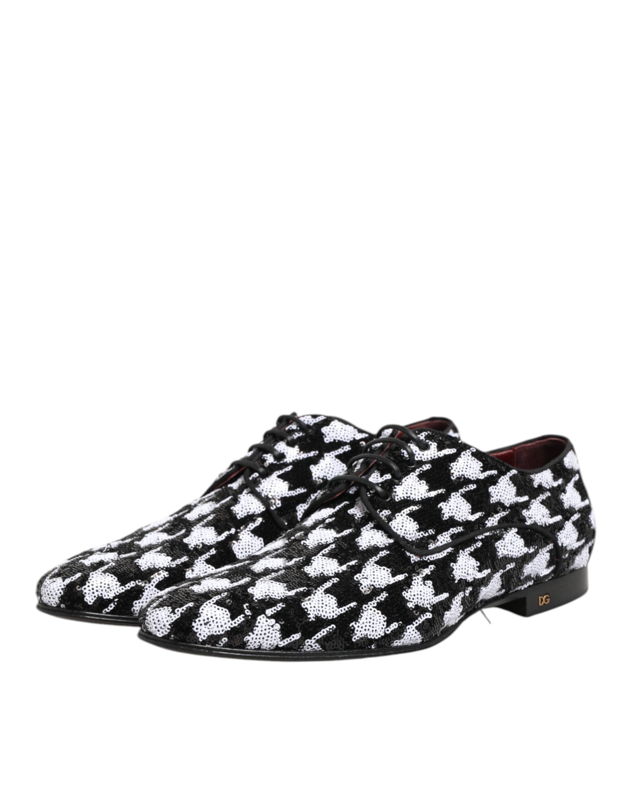 Chaussures Derby Dolce & Gabbana noires et blanches avec sequins et lacets, style élégant et sophistiqué.