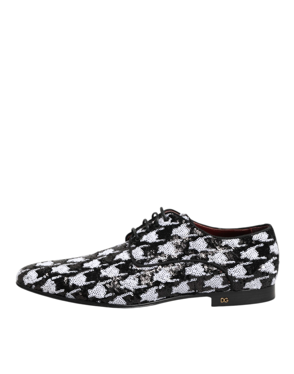 Chaussures Derby en sequins noirs et blancs de Dolce & Gabbana, avec laçage élégant, style sophistiqué et détails en dentelle.