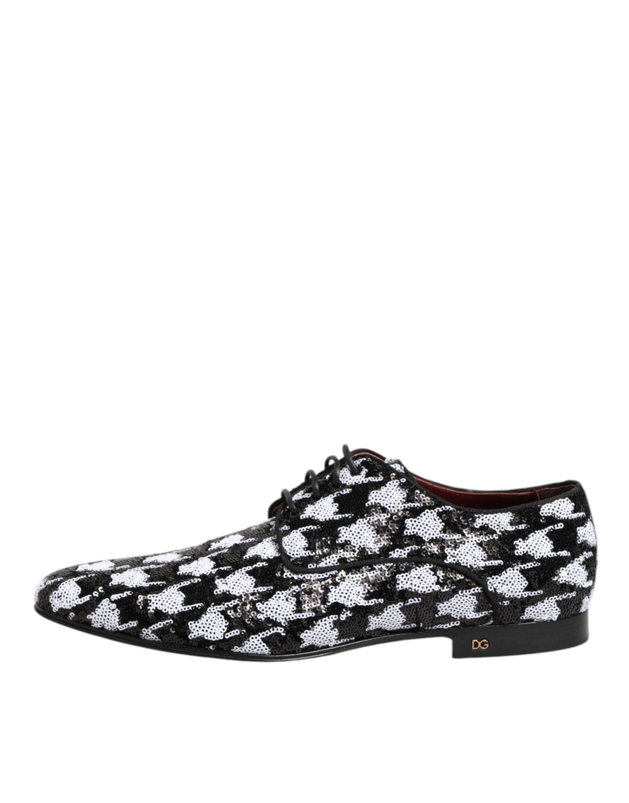 Chaussures Derby en sequins noirs et blancs de Dolce & Gabbana, avec laçage élégant, style sophistiqué et détails en dentelle.