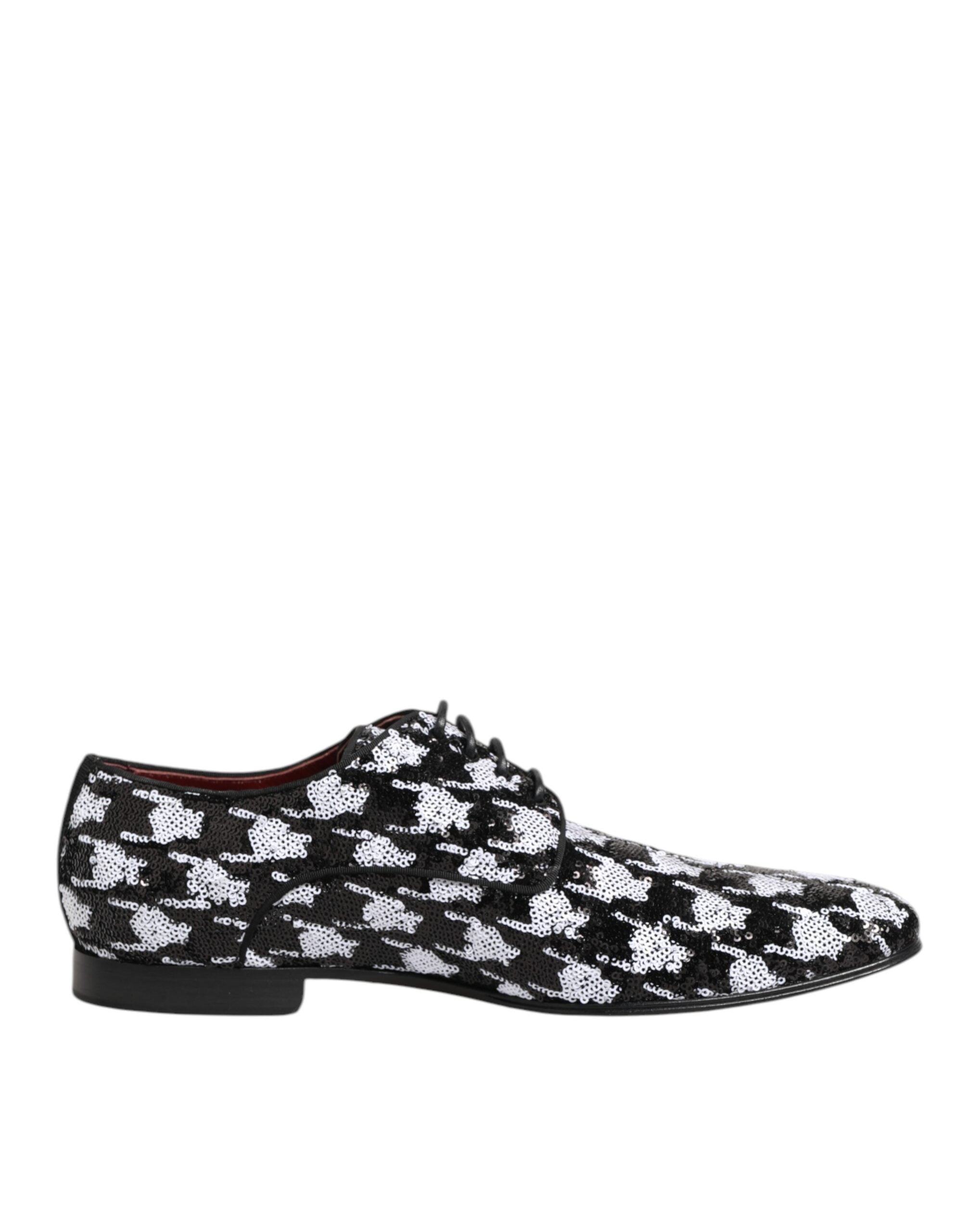 Chaussures Derby Dolce & Gabbana noires et blanches avec sequins et lacets, élégant style sophistiqué et tendance.