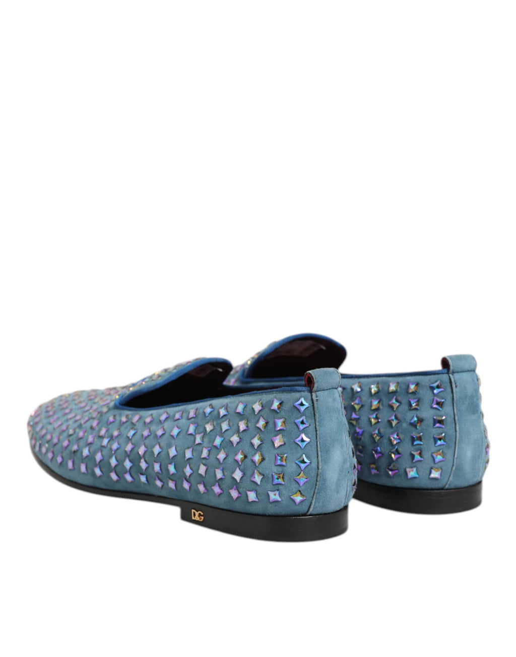 Chaussures mocassins Dolce & Gabbana en daim bleu avec studs, pour homme, visibles en gros plan.