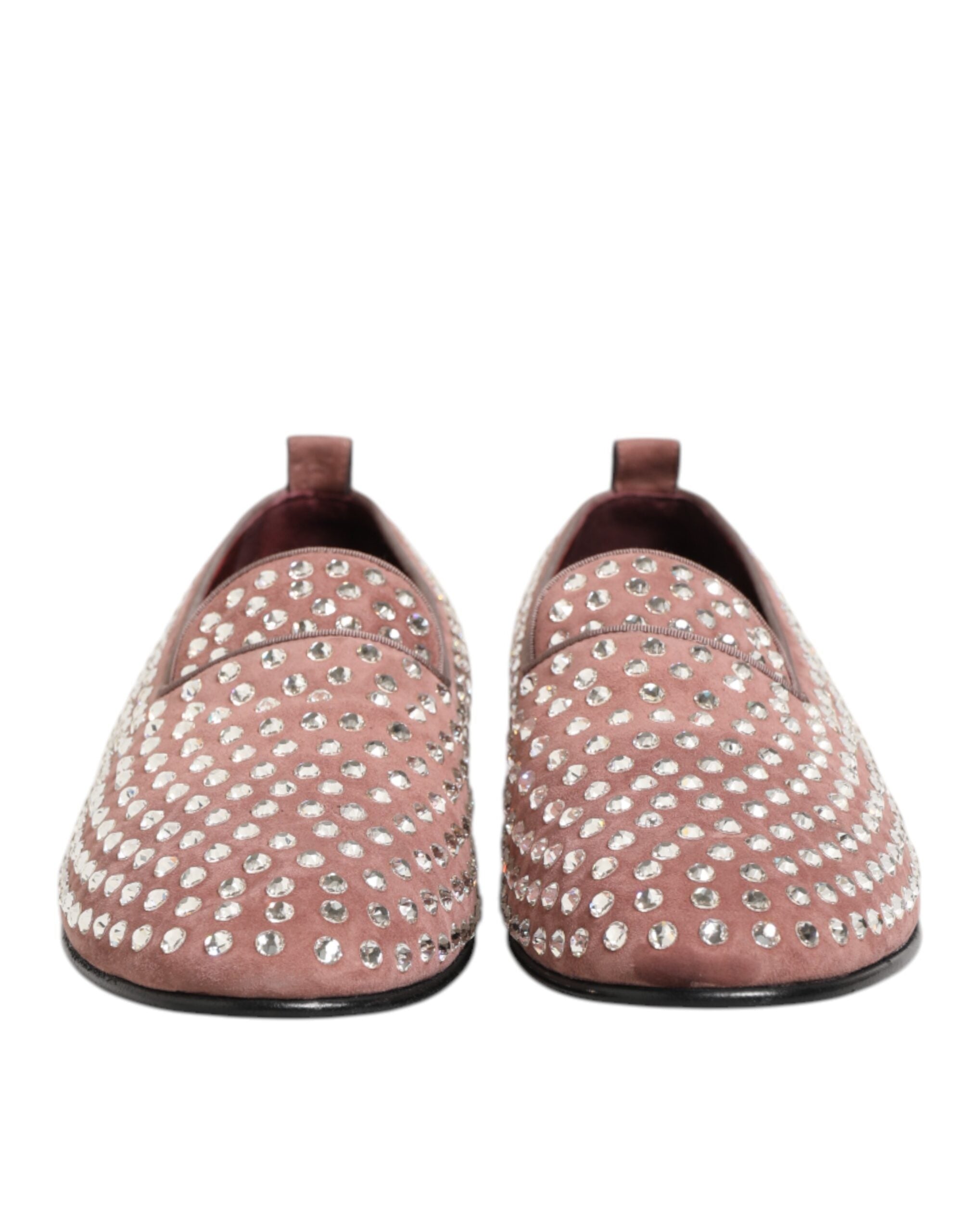 Mocassins pour homme Dolce & Gabbana en suède rose avec cristaux, chaussures de ville élégantes et raffinées.
