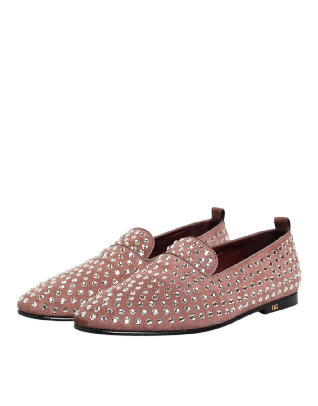Mocassins pour homme Dolce & Gabbana en daim rose avec cristaux, chaussures de ville élégantes et sophistiquées.