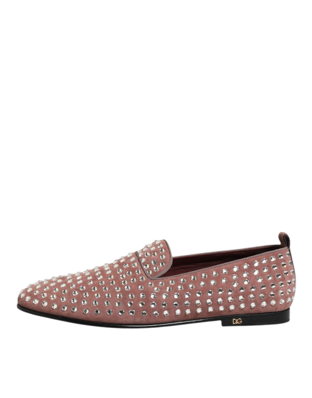 Mocassins hommes en daim rose Dolce & Gabbana avec cristaux, chaussures habillées élégantes et raffinées.