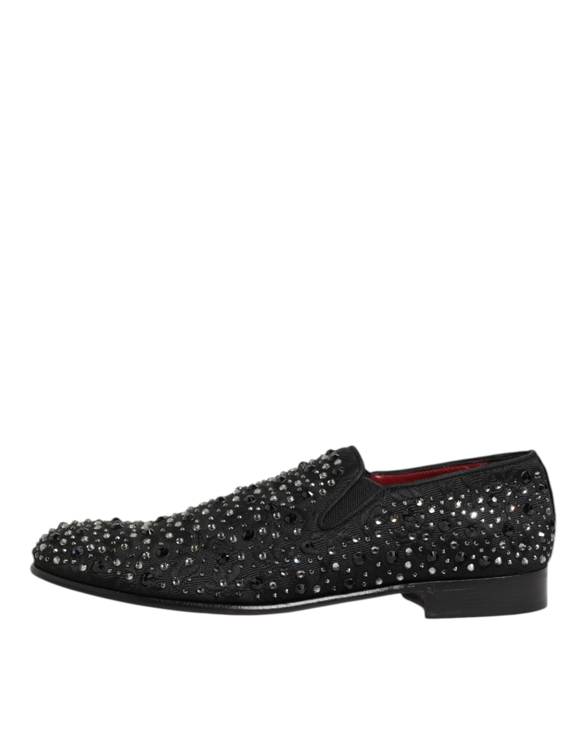 Chaussures loafers en daim noir Dolce & Gabbana avec cristaux ornés, élégantes et sophistiquées pour un style chic.