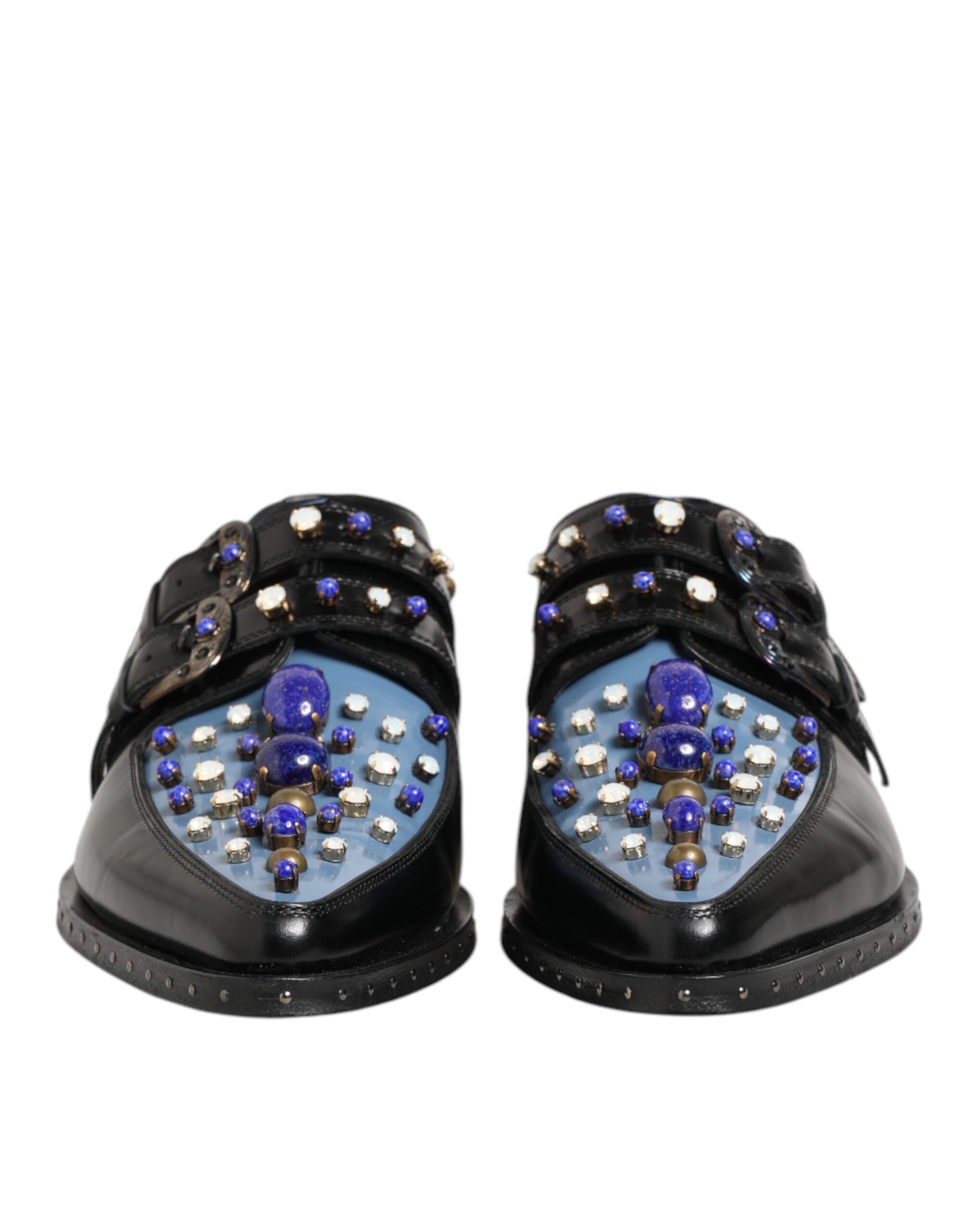 Chaussures monkstrap noires et bleues Dolce & Gabbana, ornées de détails embellis, chaussures élégantes pour homme.