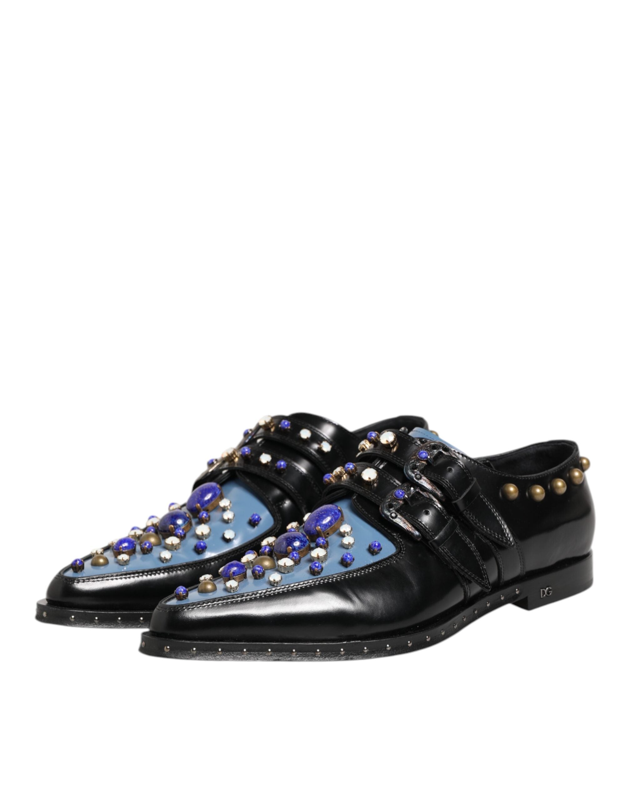 Chaussures monkstrap noires et bleues Dolce & Gabbana, chaussures de ville élégantes avec embellissements sophistiqués.