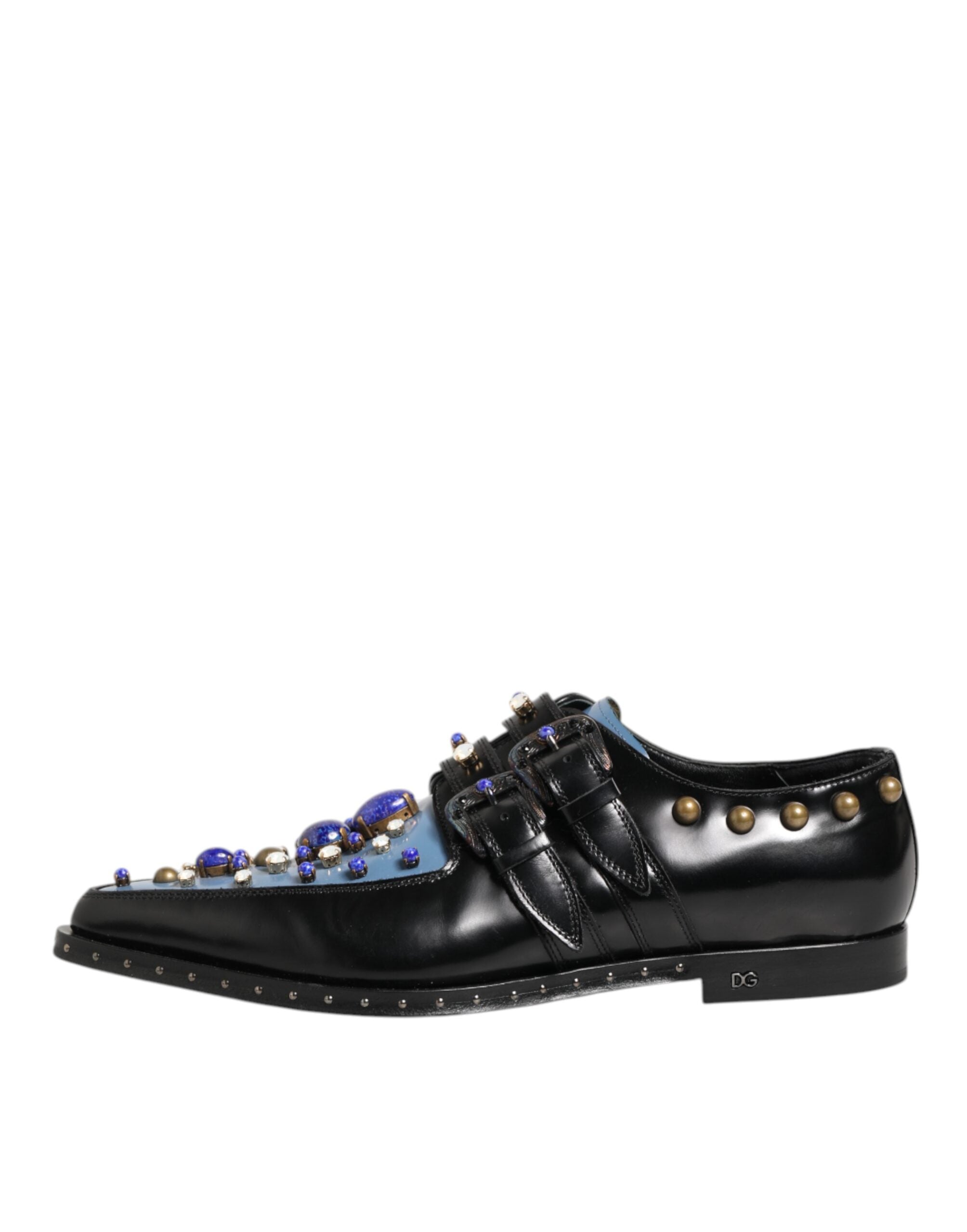 Chaussures monkstrap noires et bleues Dolce & Gabbana, chaussures de ville élégantes avec embellissements sophistiqués.