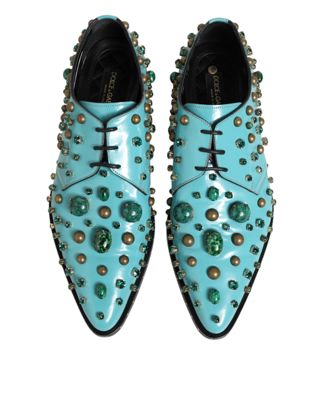 Chaussures derby pour homme Dolce & Gabbana en turquoise avec cristaux embellis, élégantes et sophistiquées.
