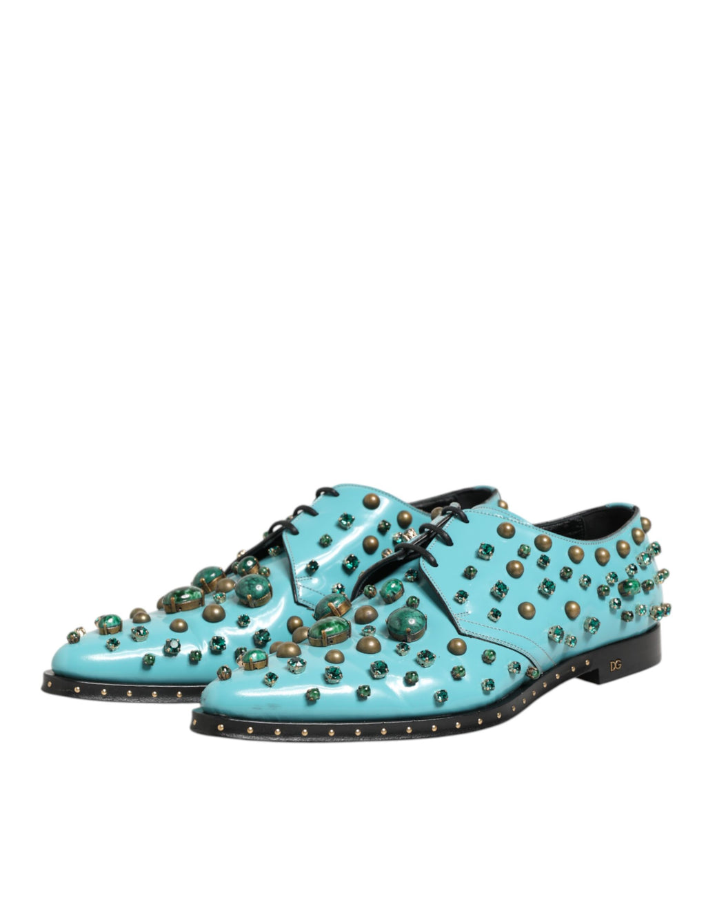 Chaussures derby pour homme Dolce & Gabbana turquoise ornées de cristaux brillants et détails élégants.