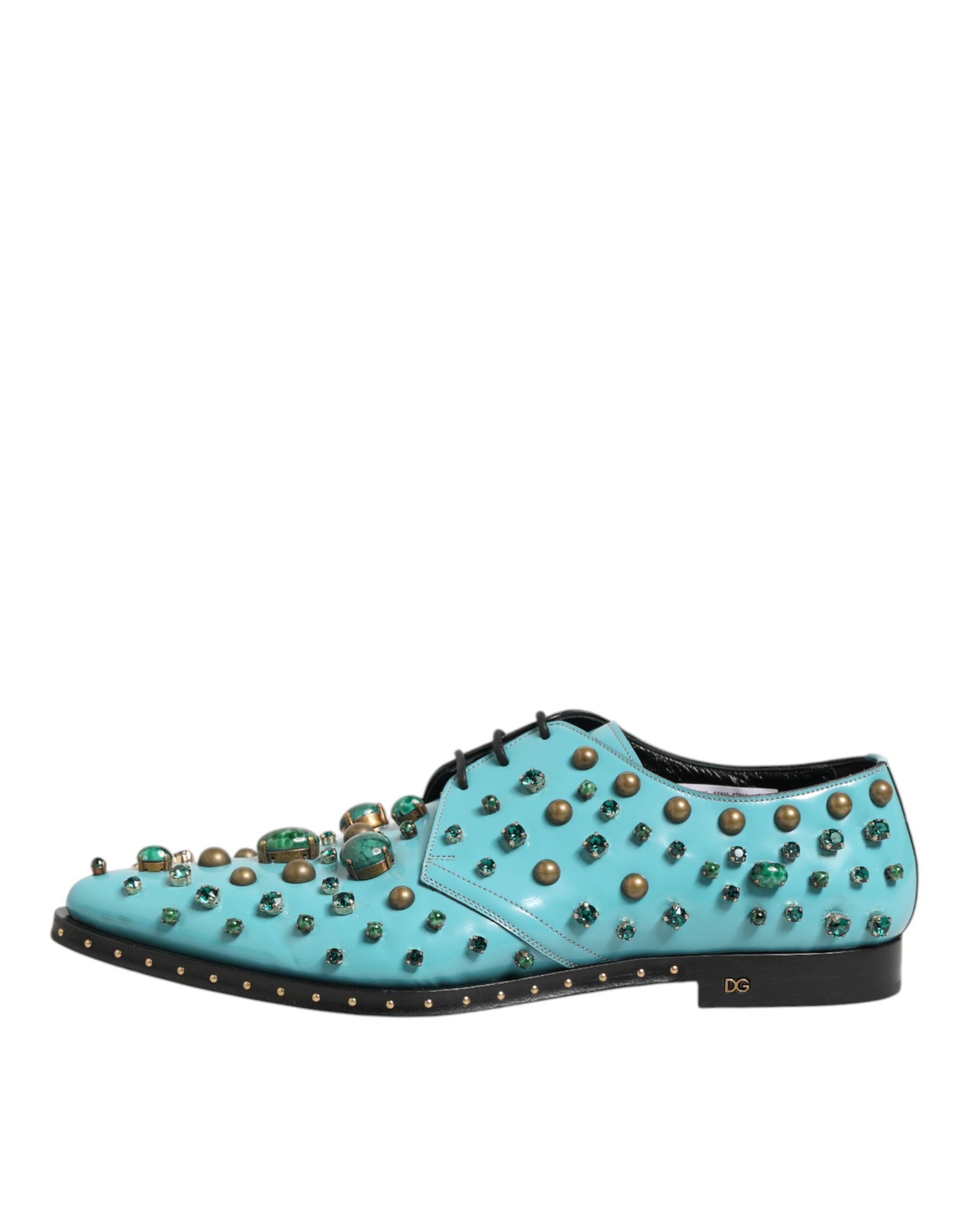 Chaussures derby pour homme Dolce & Gabbana turquoise ornées de cristaux brillants.