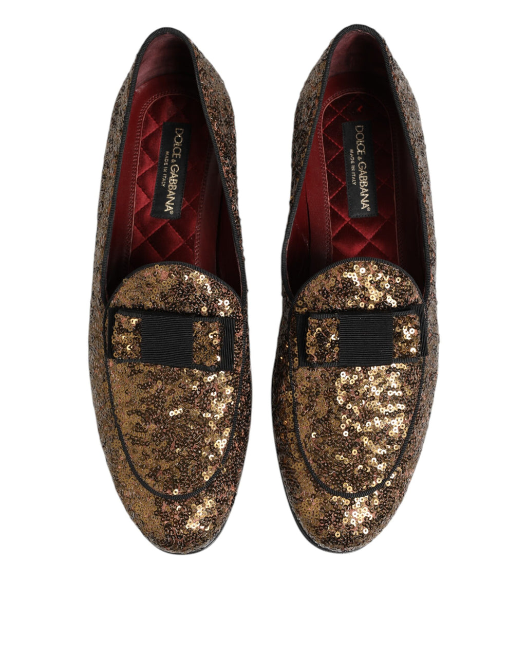 Mocassins habillés pour homme Dolce & Gabbana en sequins dorés, slip-on élégants avec semelle en cuir.