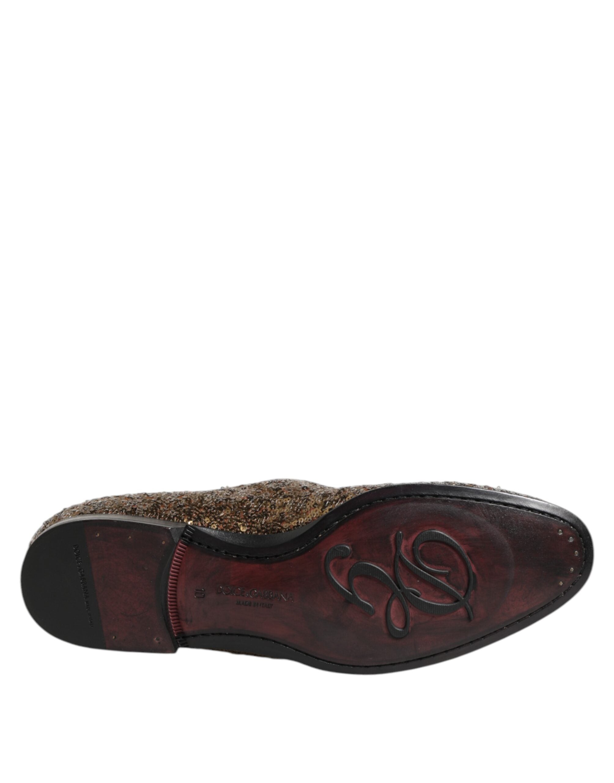 Mocassins Dolce & Gabbana pour homme en sequins dorés, chaussures de ville élégantes et brillantes, style slip-on.