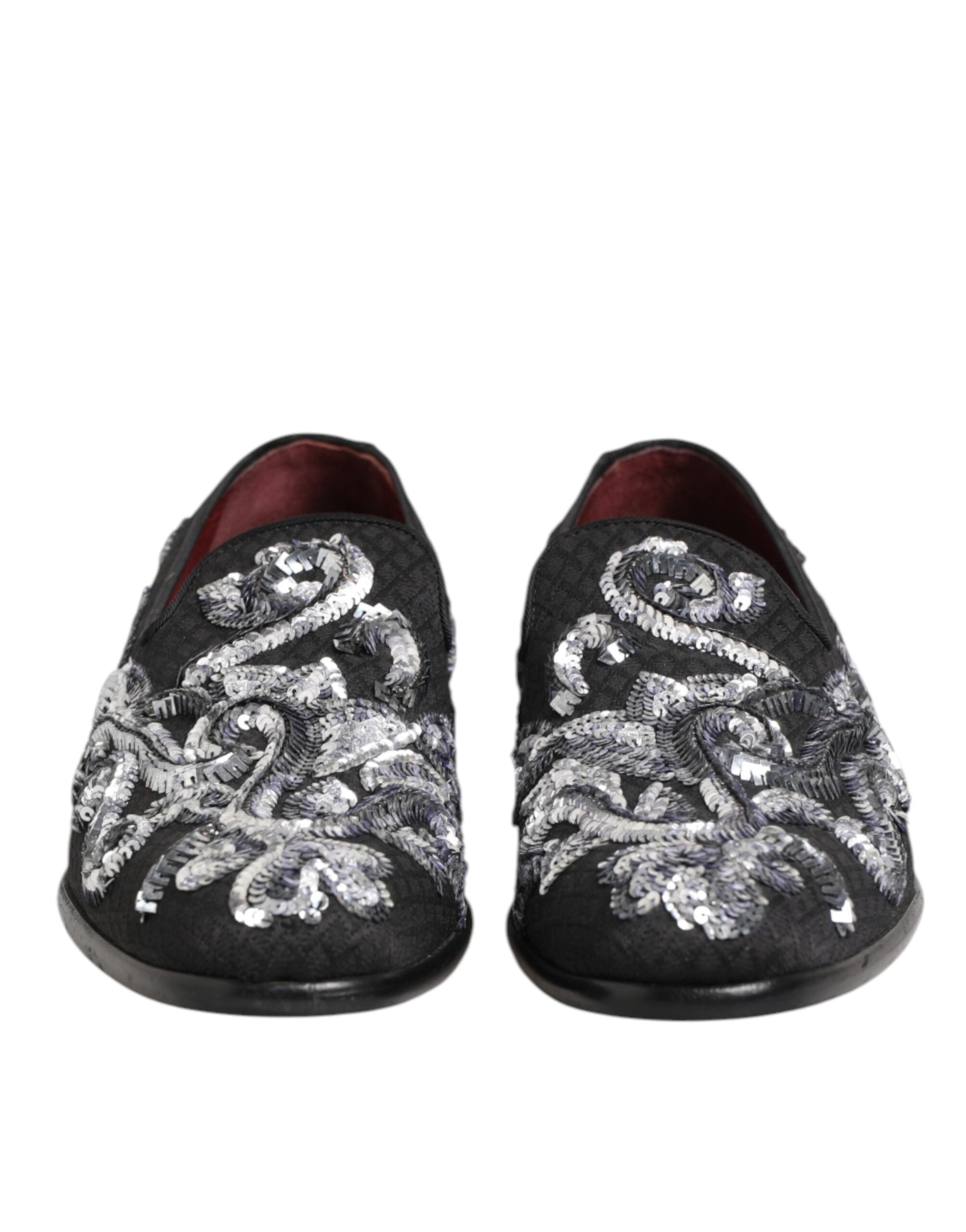 Mocassins pour homme Dolce & Gabbana en cuir noir avec sequins argentés, chaussures élégantes pour homme.