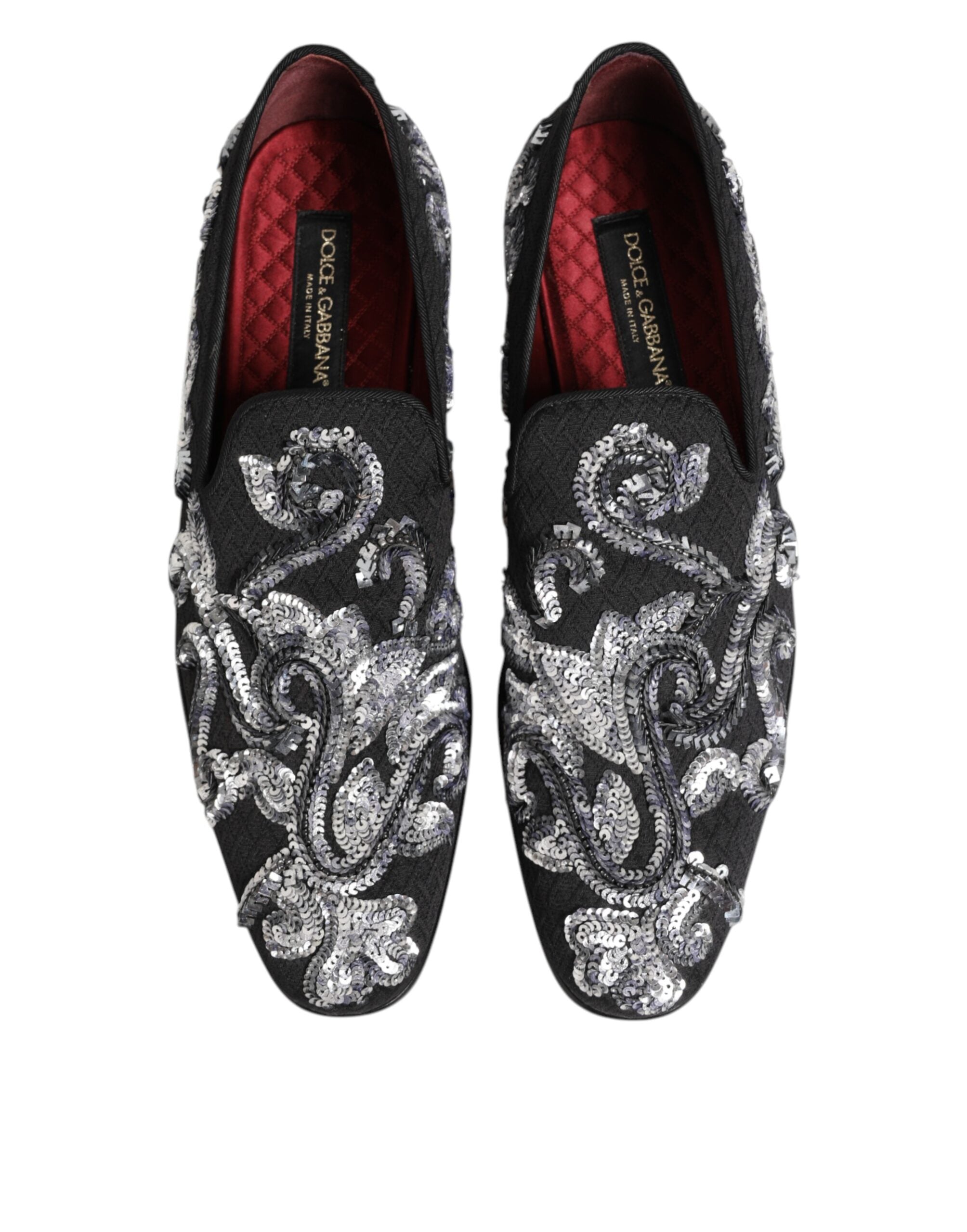 Mocassins habillés pour homme Dolce & Gabbana en noir avec sequins argentés, finition élégante et semelle en cuir.