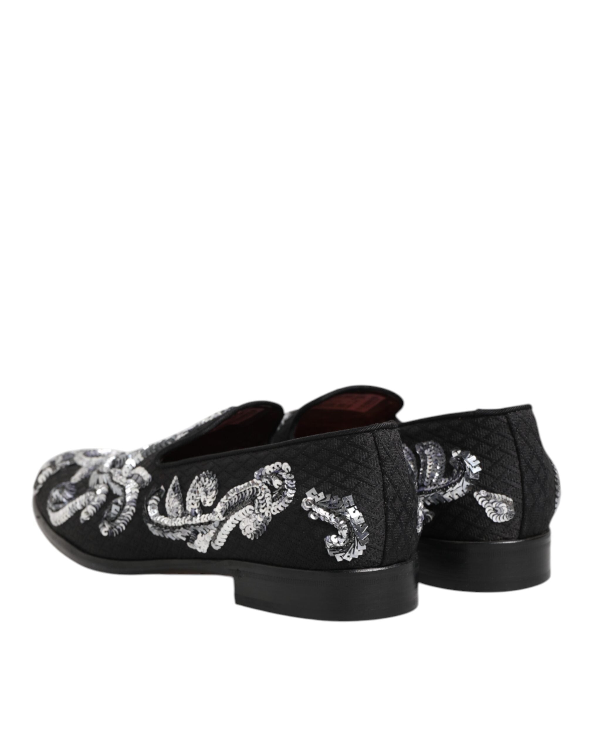 Mocassins pour hommes Dolce & Gabbana noirs et argentés avec sequins, chaussures de ville élégantes en cuir brillant.