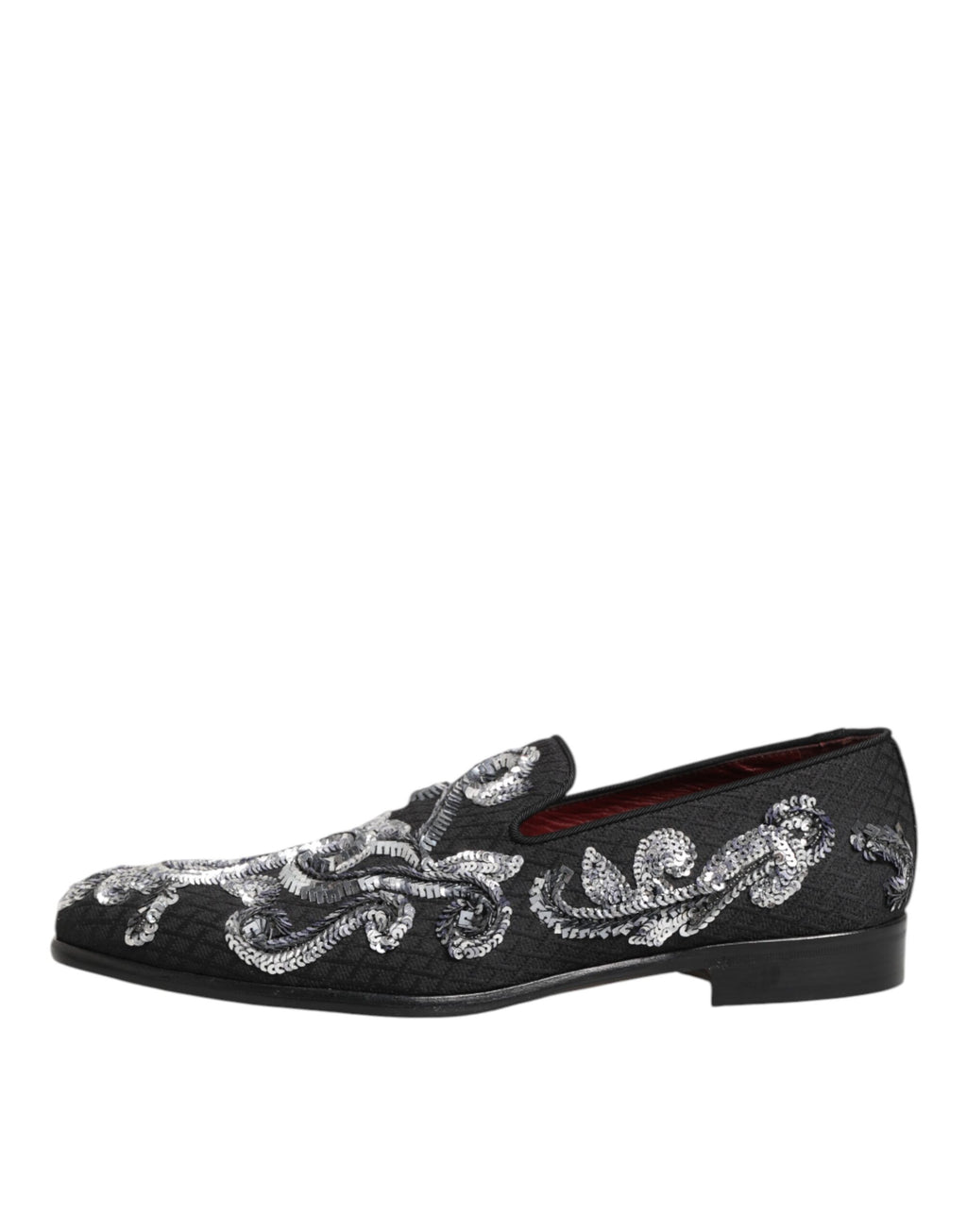 Chaussures habillées pour homme Dolce & Gabbana, mocassins noirs et argentés à sequins brillants, style élégant et sophistiqué.