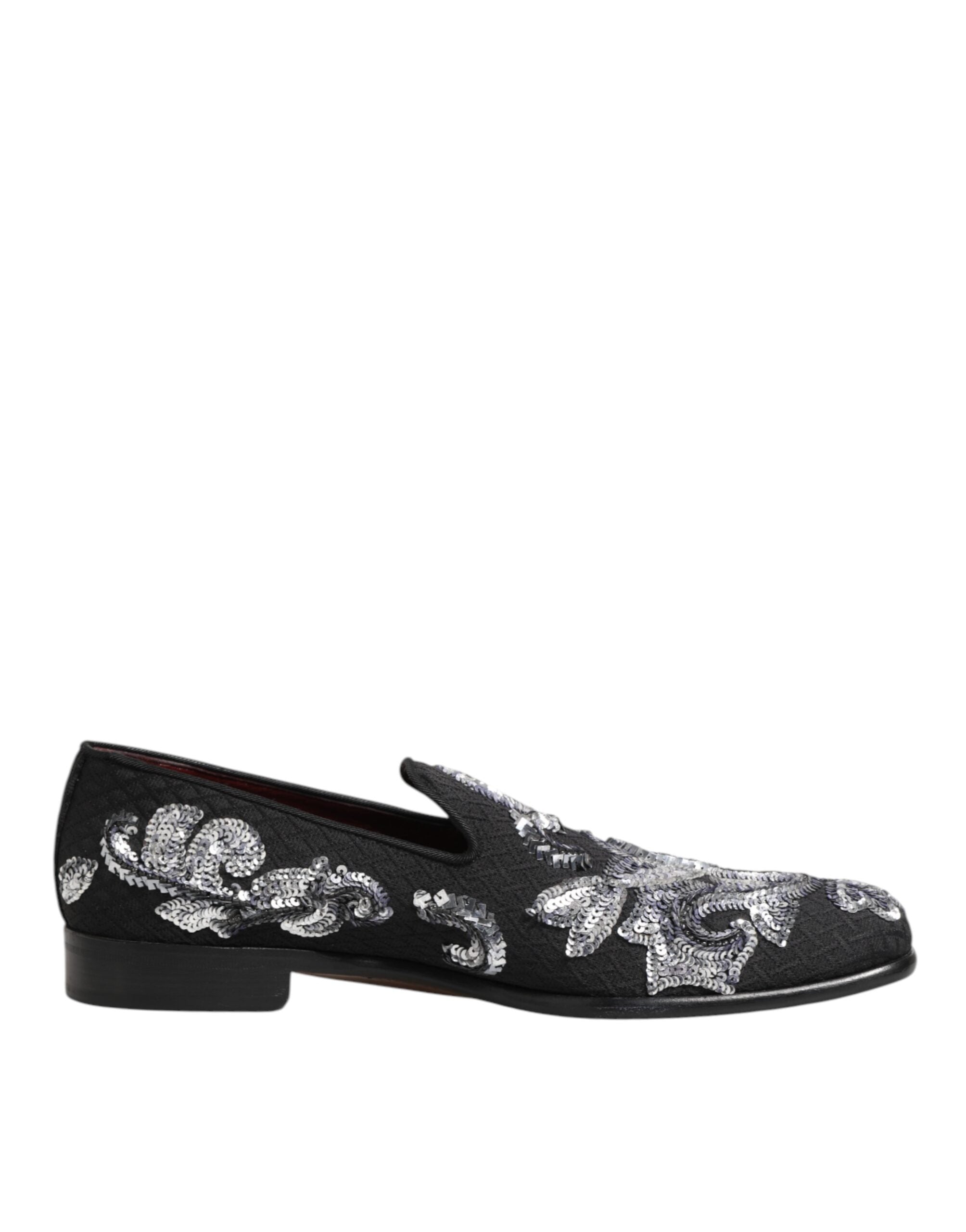 Mocassins pour homme Dolce & Gabbana noirs avec sequins argentés, chaussures de ville élégantes en cuir brillant.