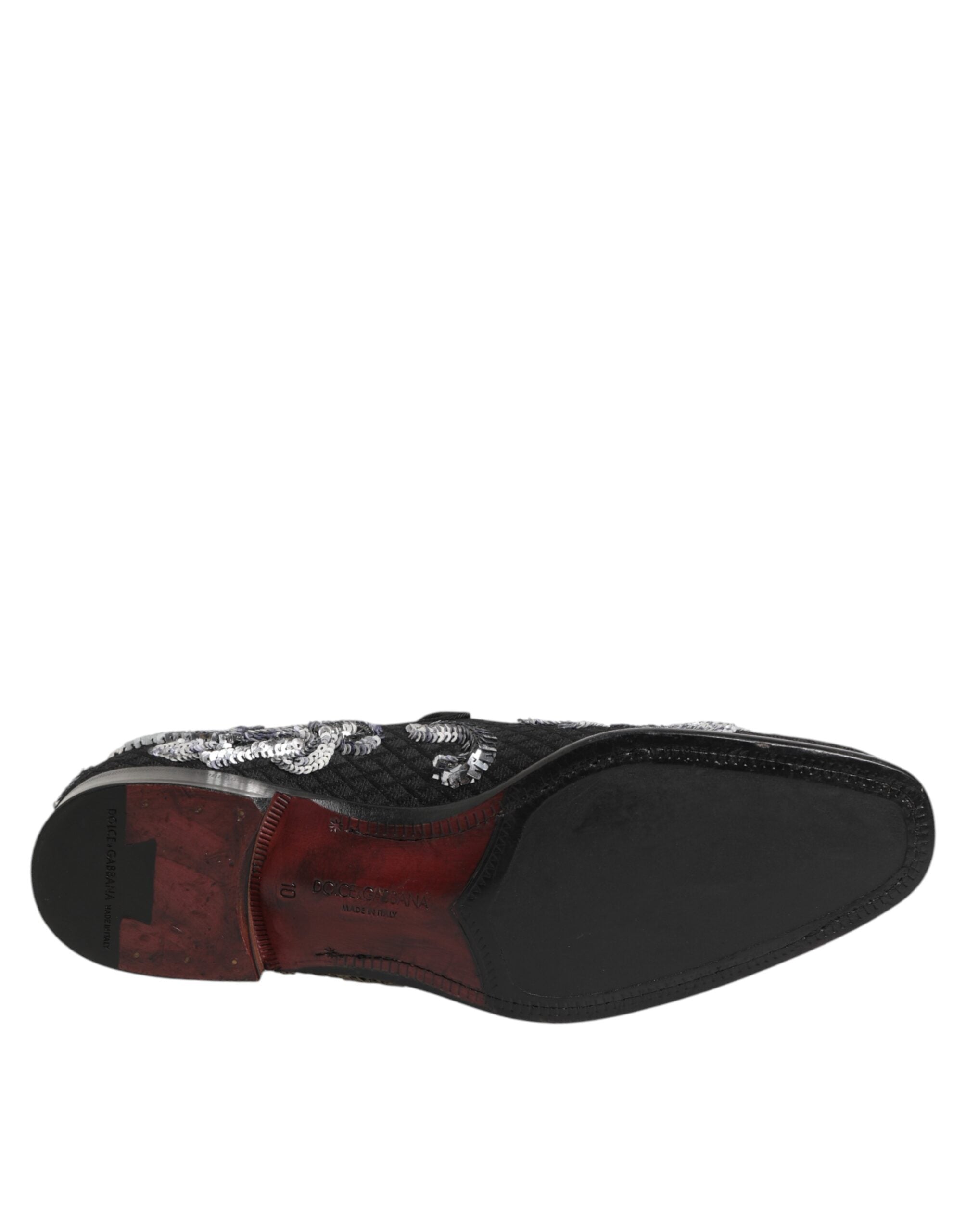 Chaussures hommes Dolce & Gabbana loafers noires et argentées ornées de sequins, chaussures habillées élégantes.