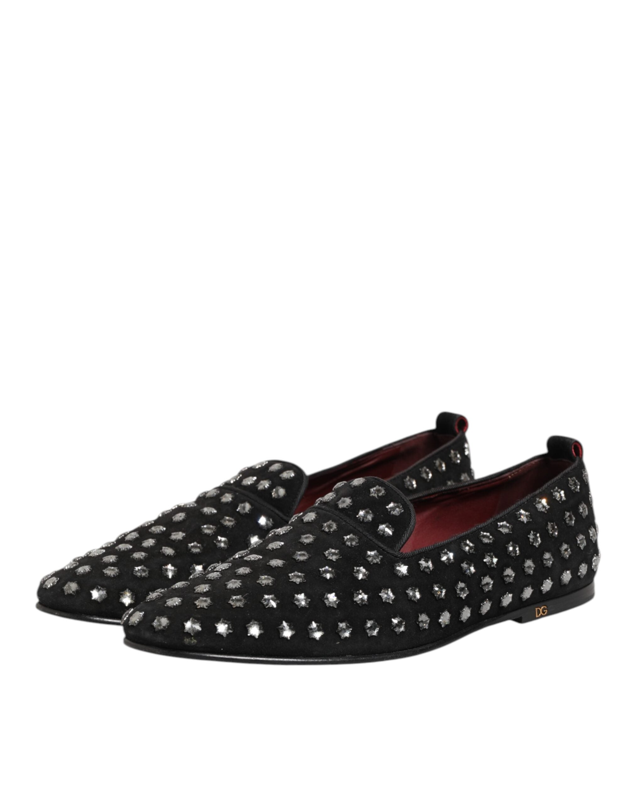 Chaussures Dolce & Gabbana en cuir noir avec ornements en cristal, loafers élégants pour femmes.