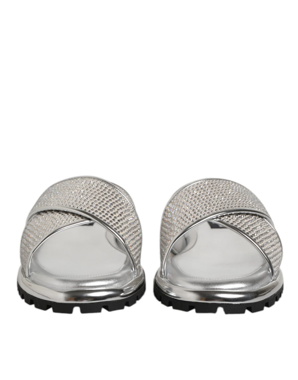 Chaussures plates Dolce & Gabbana en argent avec strass, slippers élégants en cuir pour femmes.