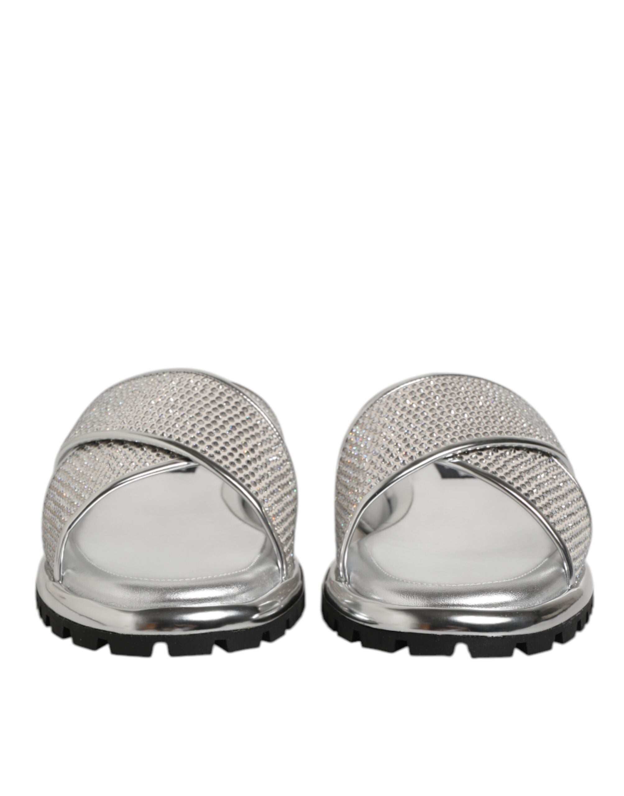 Chaussures plates Dolce & Gabbana en argent avec strass, slippers élégants en cuir pour femmes.