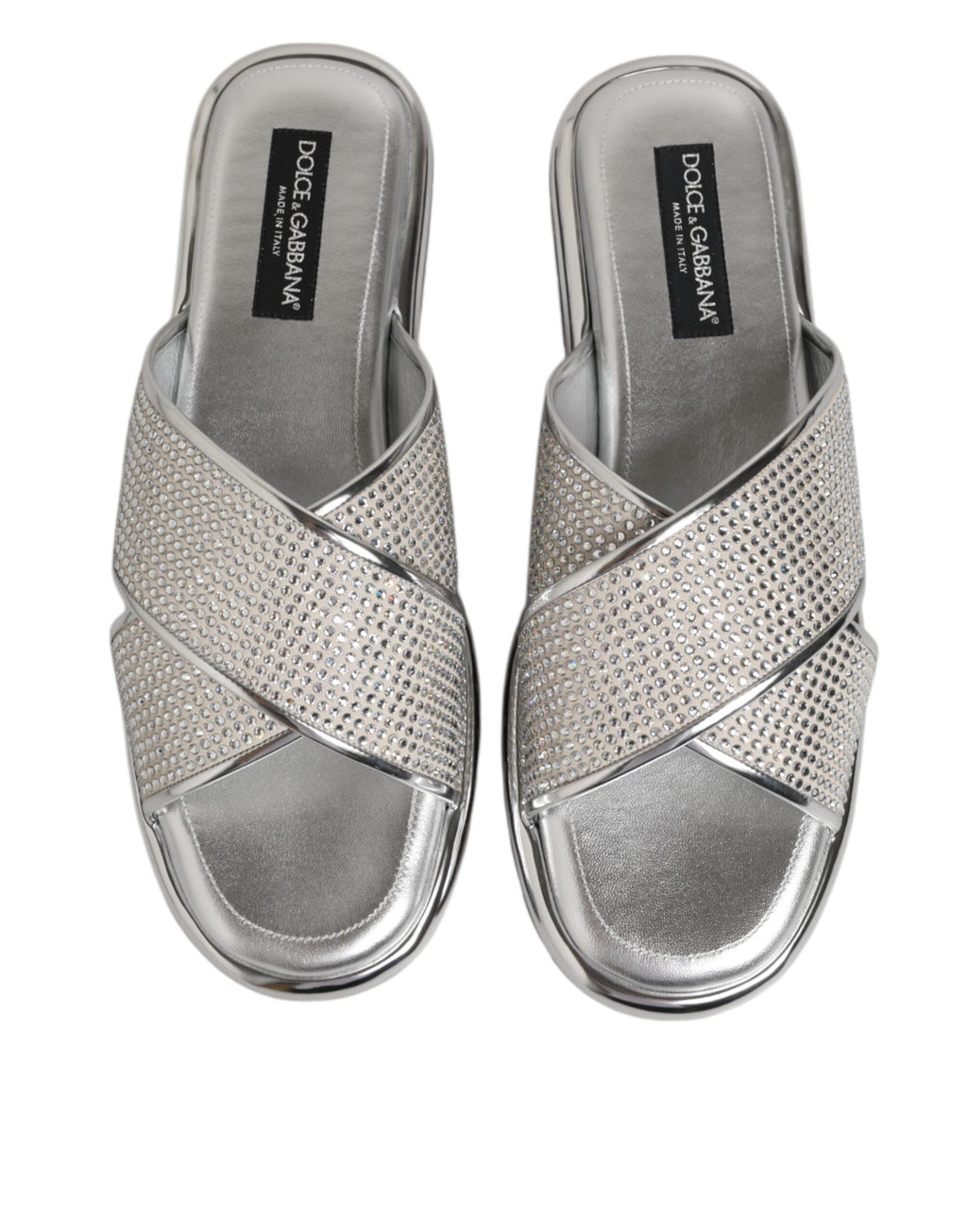 Sandales plates Dolce & Gabbana en strass argenté, chaussures confortables et élégantes pour femmes.