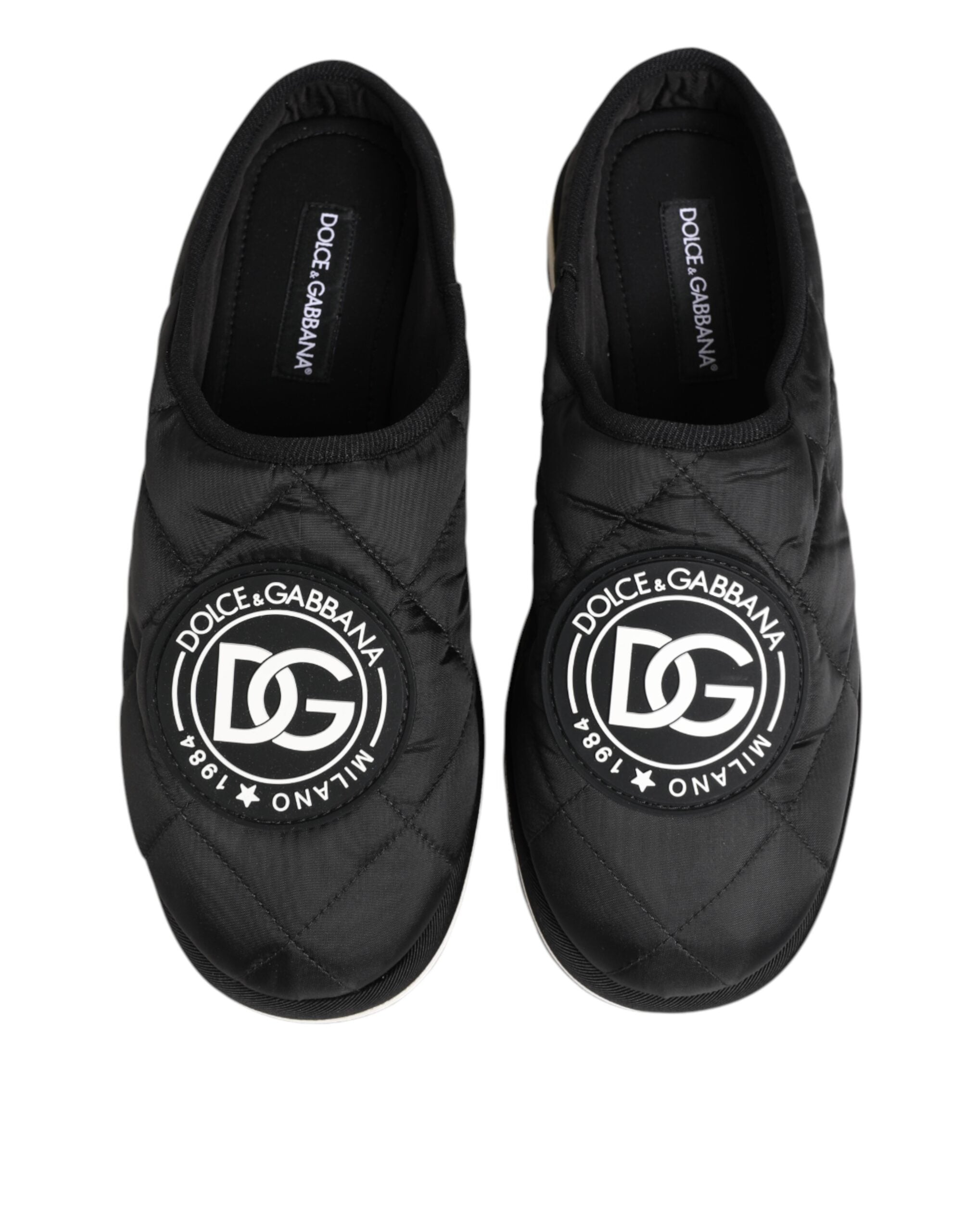 Chaussures sneakers basses en nylon noir Dolce & Gabbana, slip-on, confortables et élégantes, visibles sur l'image.