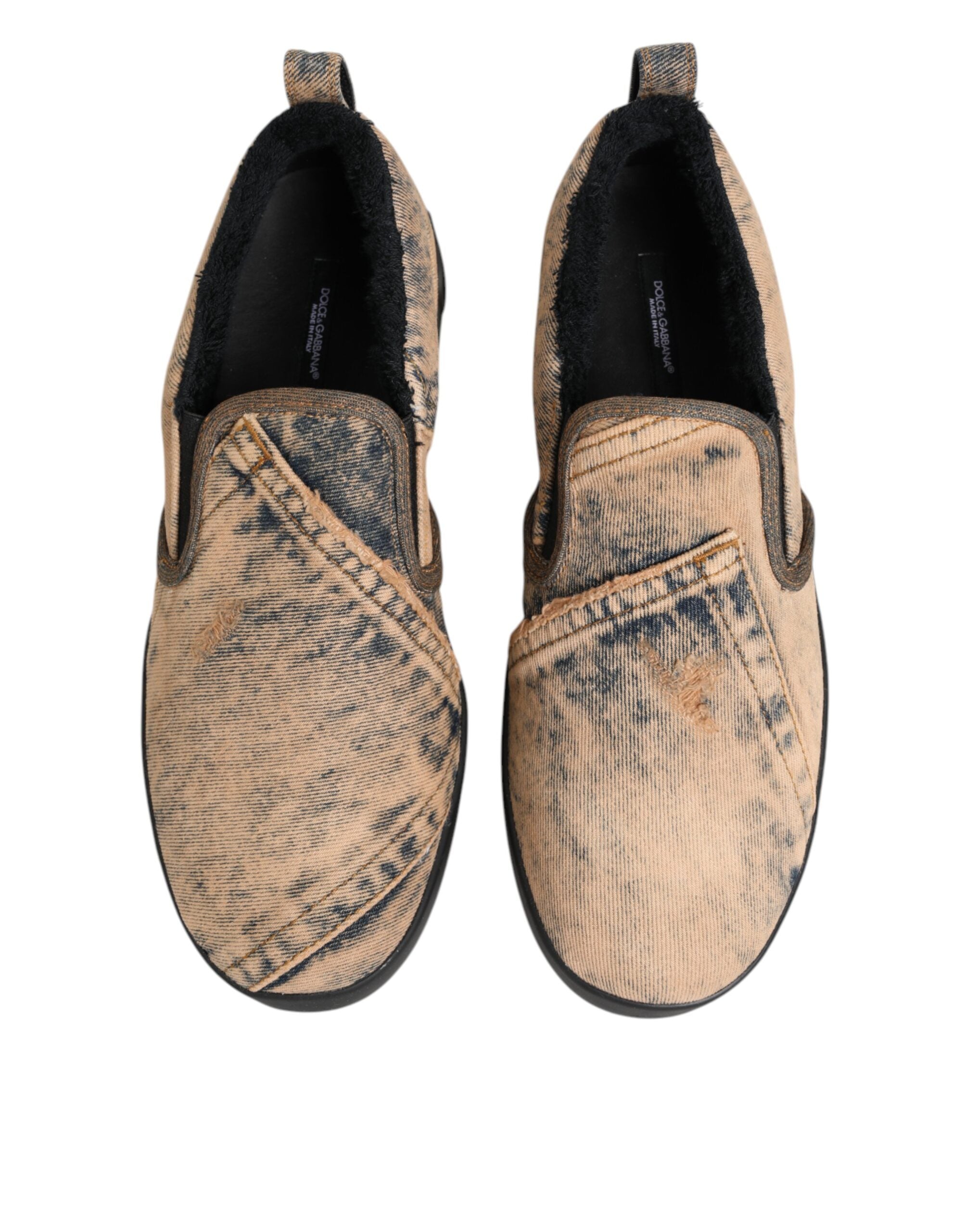 Chaussures sneakers basses en coton beige de Dolce & Gabbana, slip-on, style décontracté et élégant.