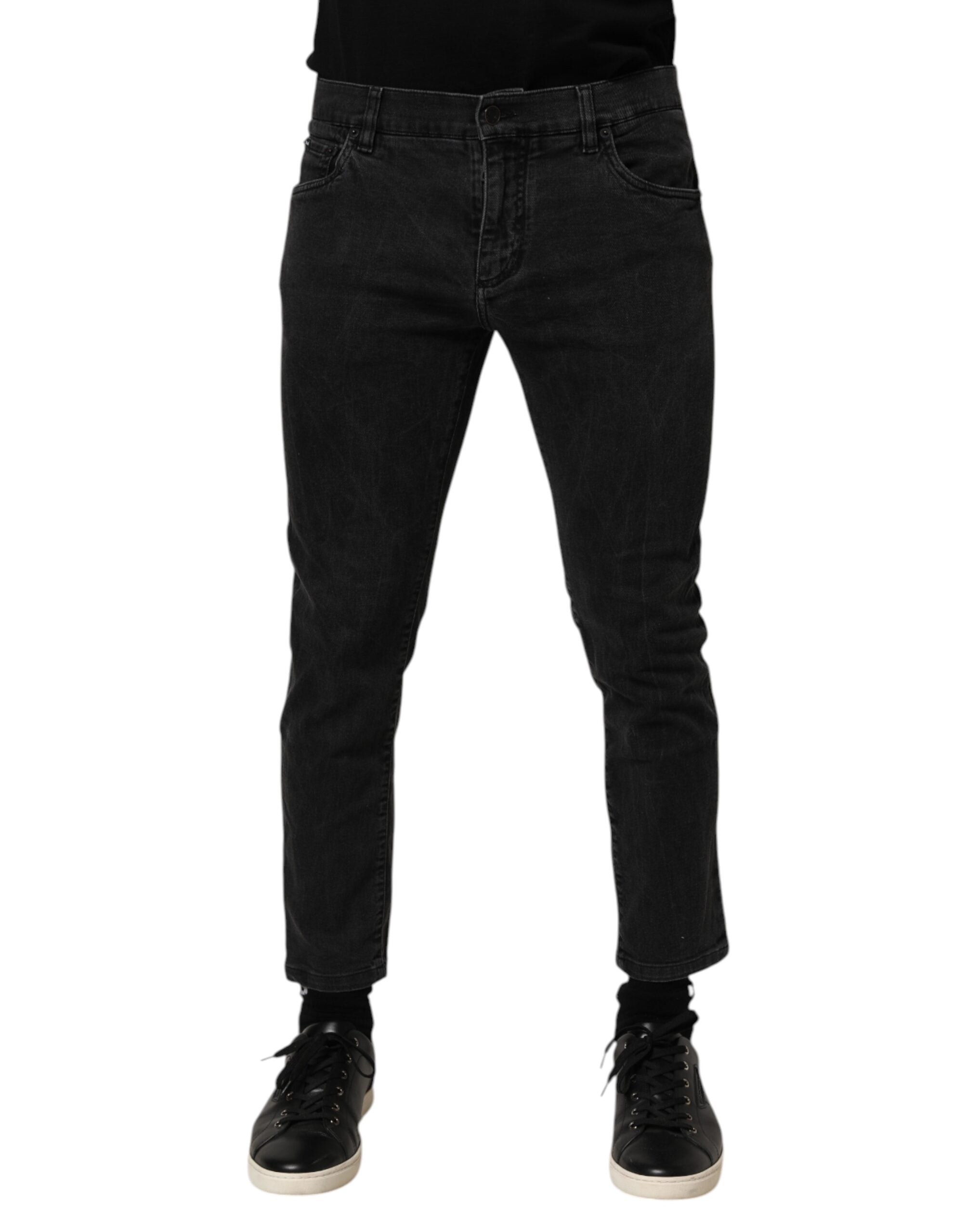 Pantalon en jean en denim extensible gris foncé de Dolce & Gabbana, coupe classique et détails en coton.