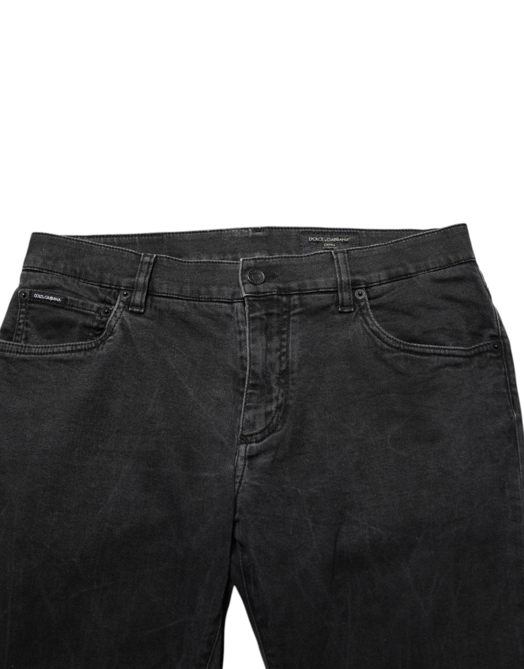 Jeans en denim stretch gris foncé Dolce & Gabbana en coton avec coupe classique, visible avec poches et détails de couture.