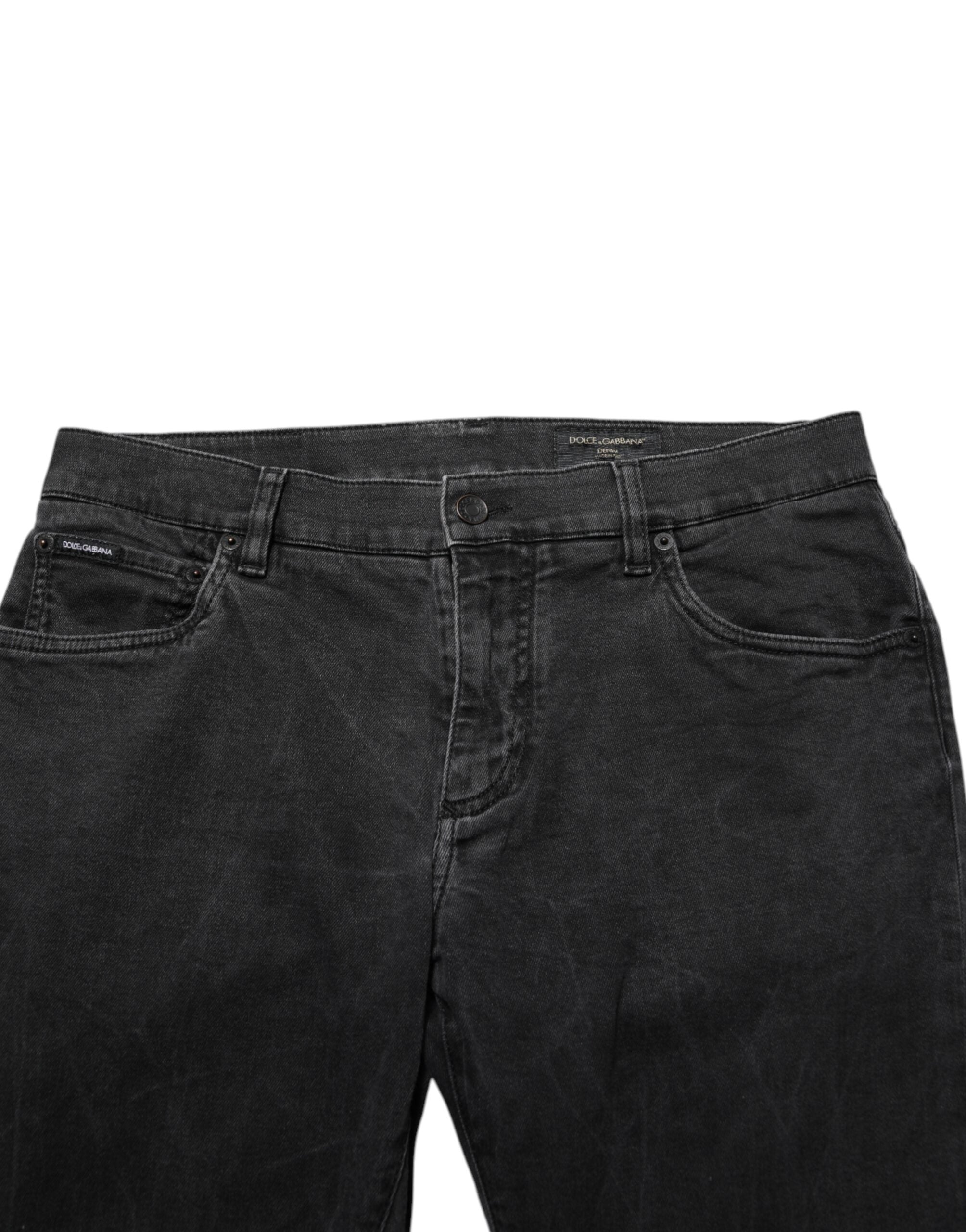 Jeans en denim stretch gris foncé Dolce & Gabbana en coton avec coupe classique, visible avec poches et détails de couture.