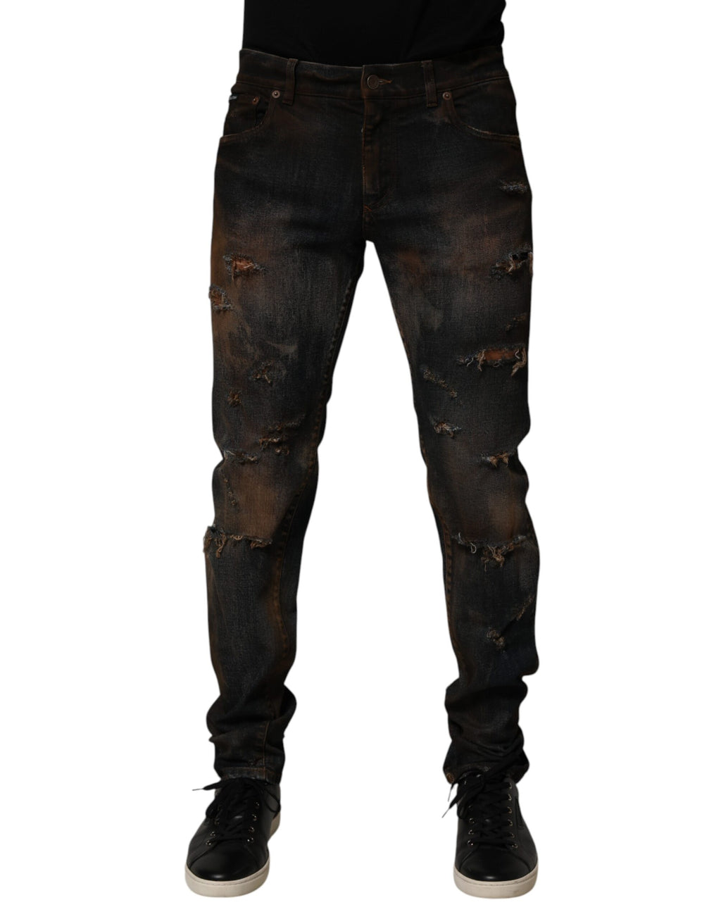 Jeans skinny en coton noir de Dolce & Gabbana avec déchirures et détails tachetés pour hommes, denim tendance et élégant.