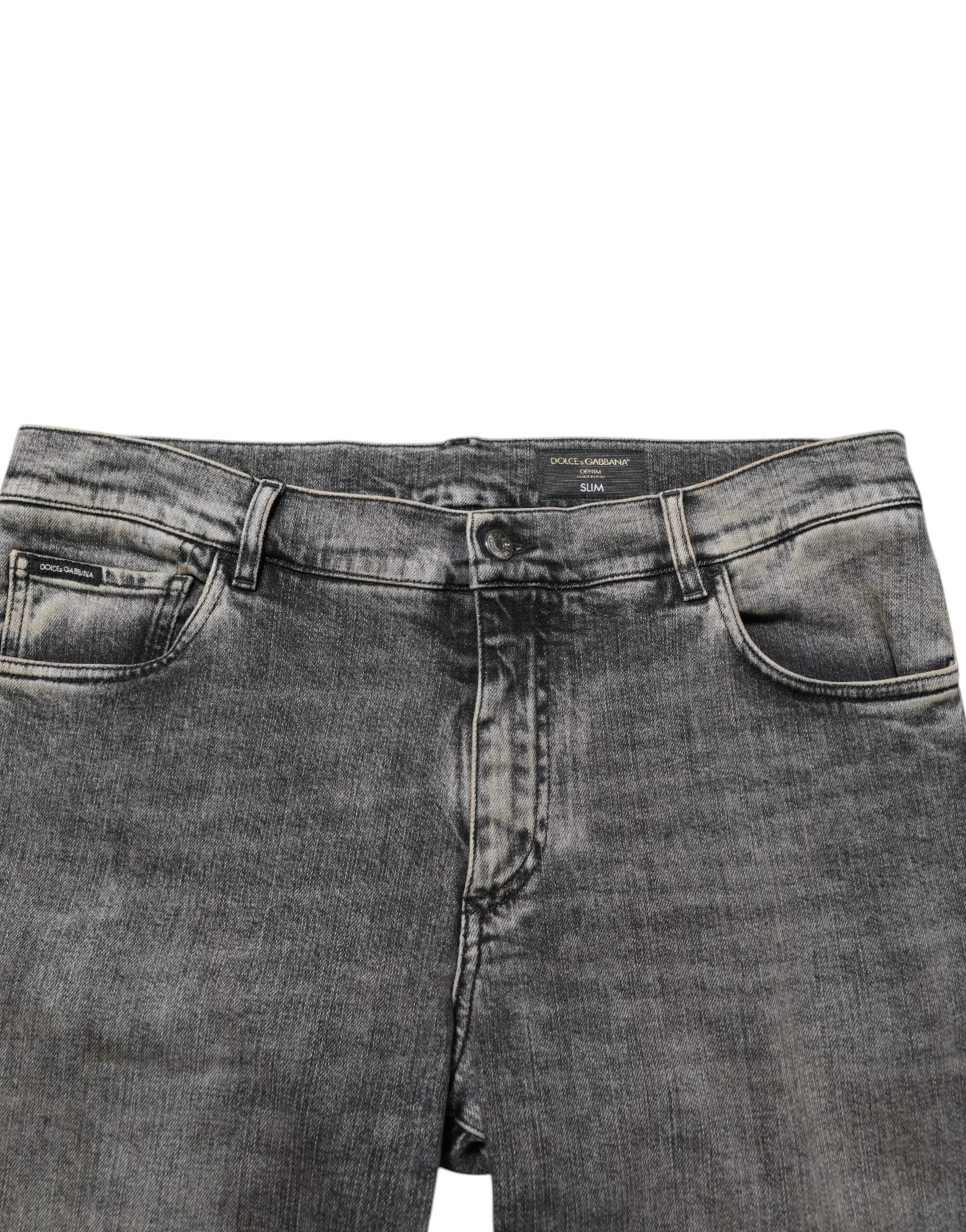 Jeans homme en coton gris stretch slim fit de Dolce & Gabbana, denim élégant avec coupe ajustée.