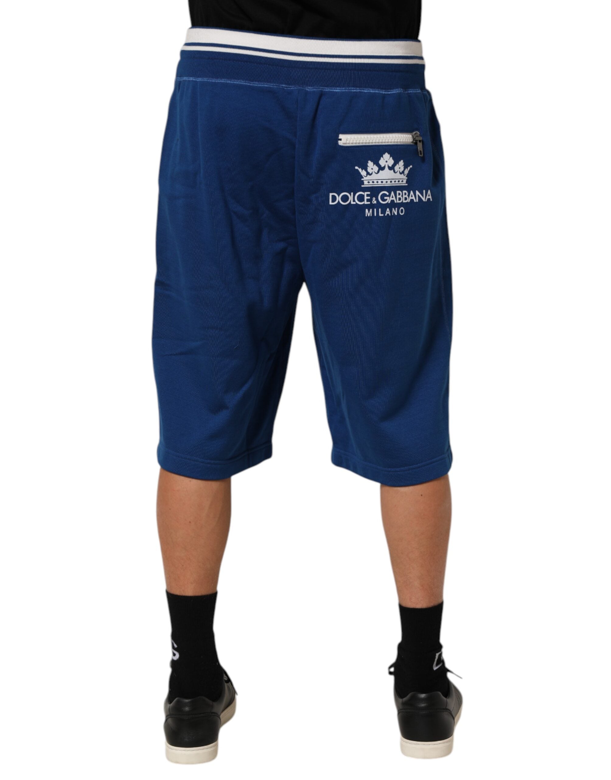 Shorts bermuda en coton mélangé bleu Dolce & Gabbana, sweatpants décontractés avec logo sur la jambe.
