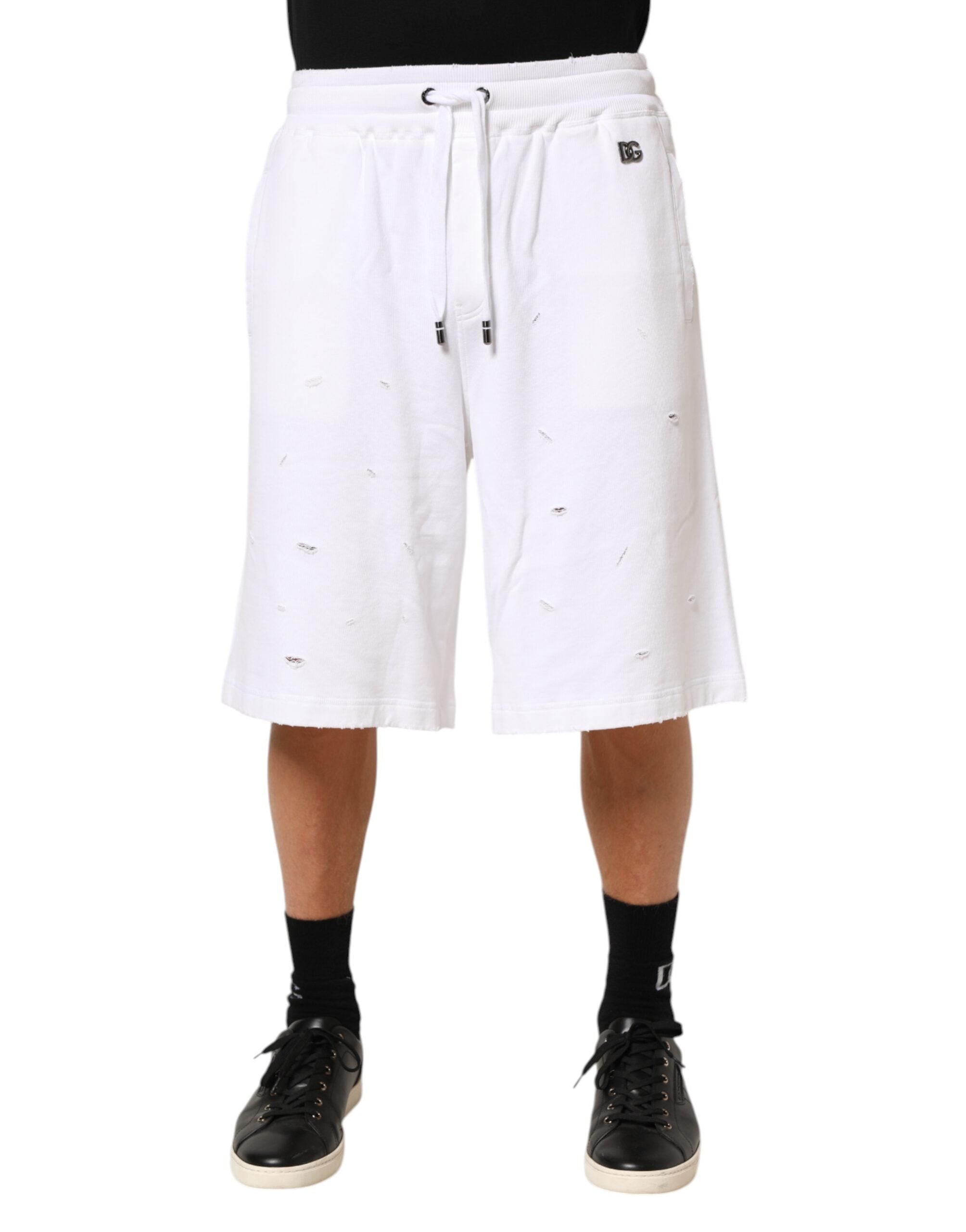 Shorts bermuda en coton blanc déchiré de Dolce & Gabbana, style décontracté et tendance pour homme.