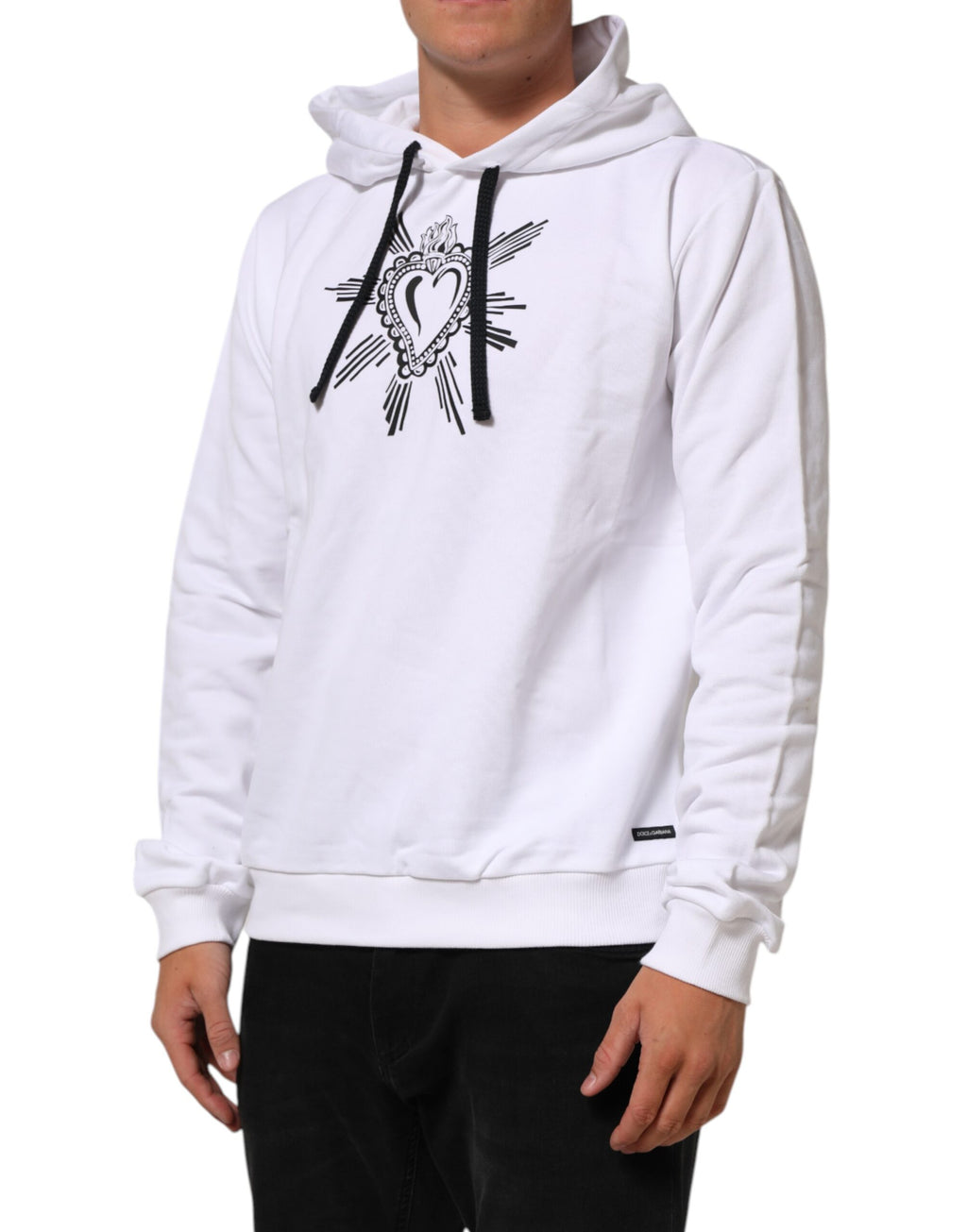 Sweat-shirt à capuche blanc Dolce & Gabbana avec motif de cœur sacré, style décontracté et élégant, en coton doux.