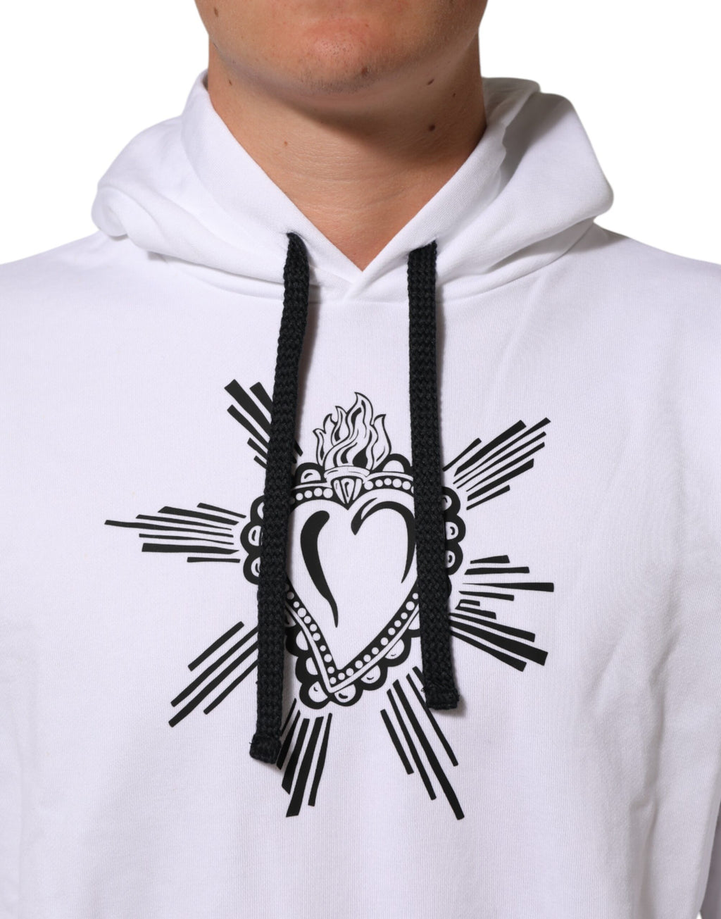 Sweat-shirt à capuche blanc Dolce & Gabbana avec motif de cœur sacré, en coton doux, pour un style élégant et décontracté.