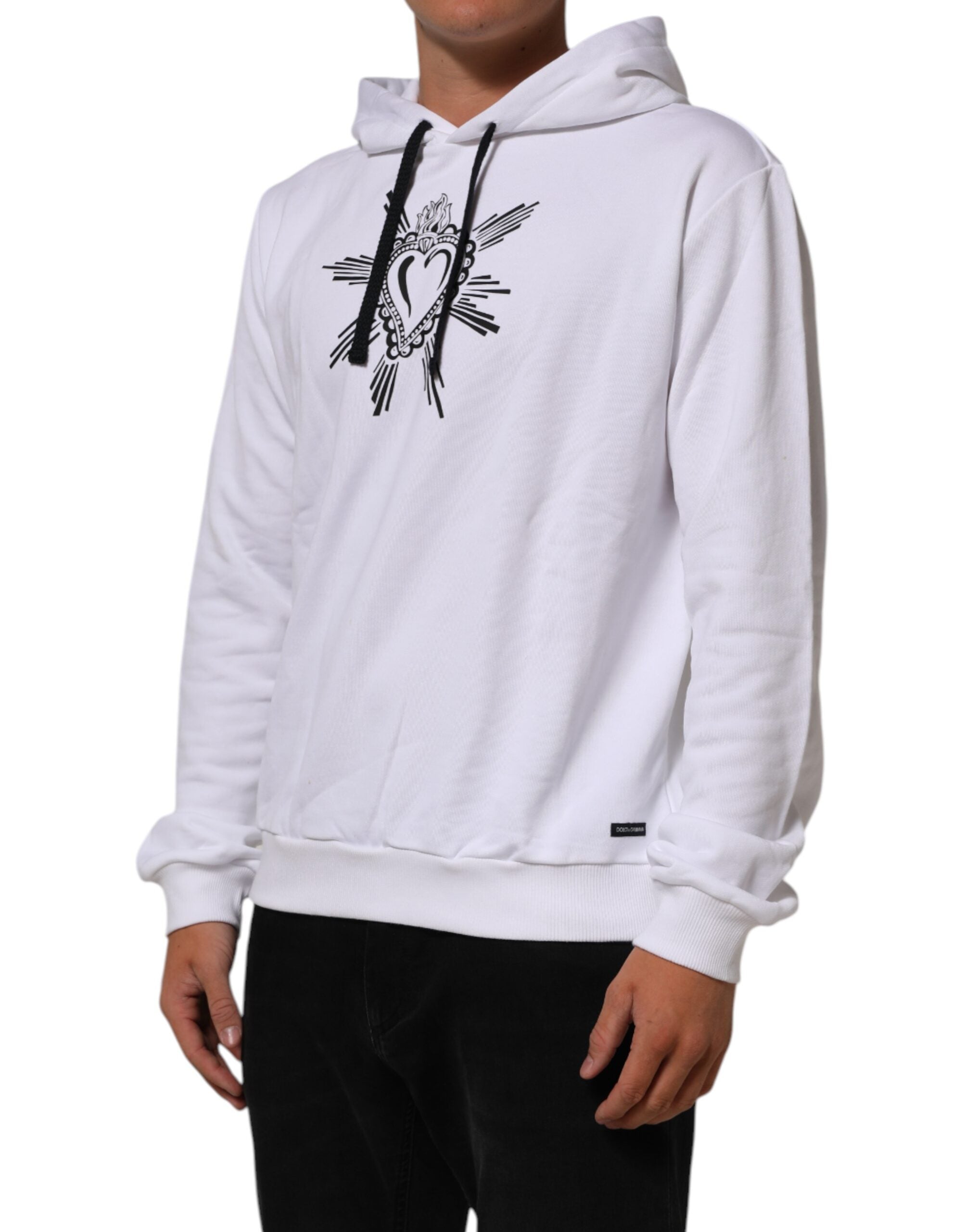 Sweat à capuche blanc Dolce & Gabbana Sacred Heart, pull en coton avec logo et motif cœur sacré visible sur le devant.