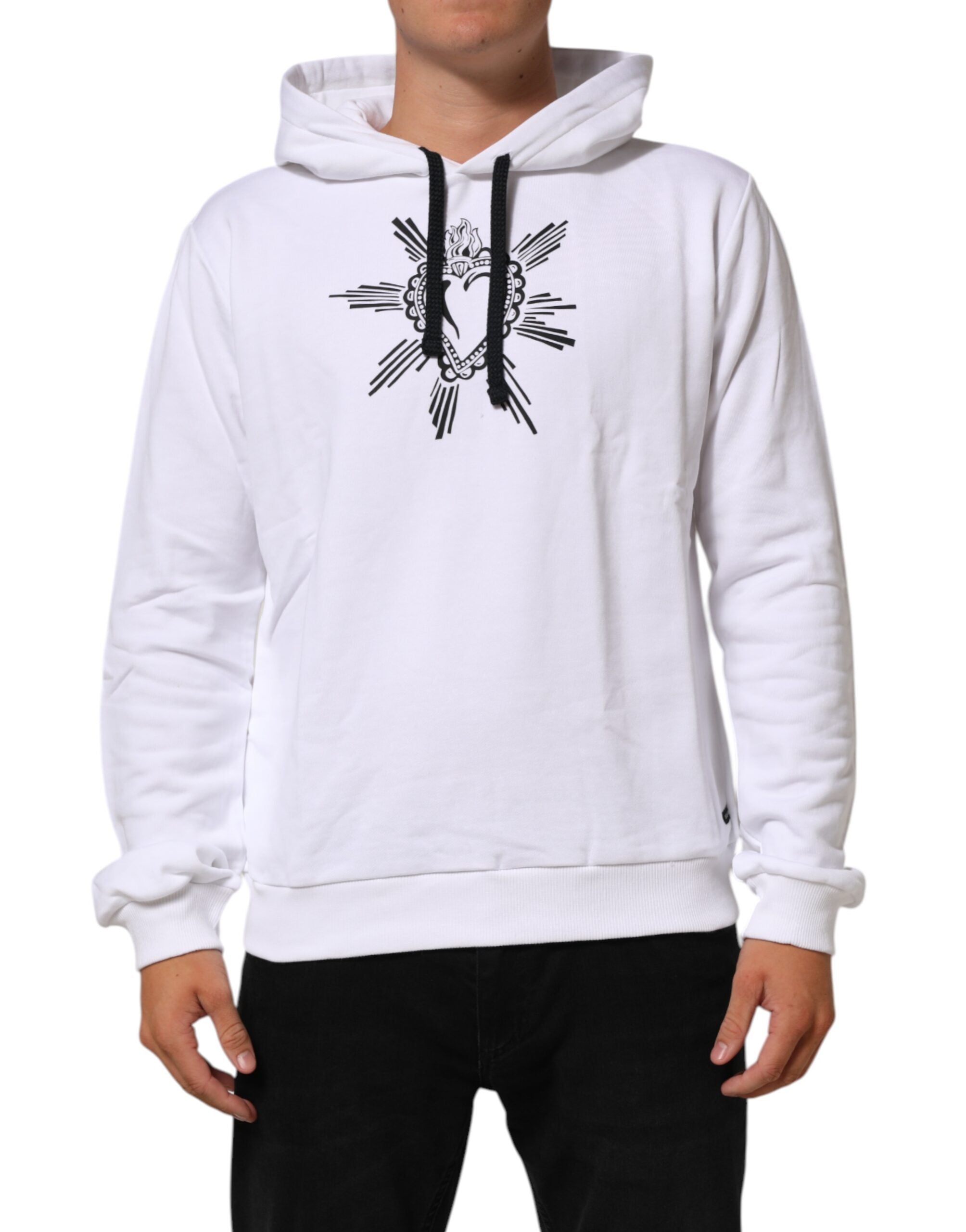 Sweat-shirt à capuche blanc Dolce & Gabbana Sacred Heart, pull-over en coton avec motif religieux, élégant et confortable.