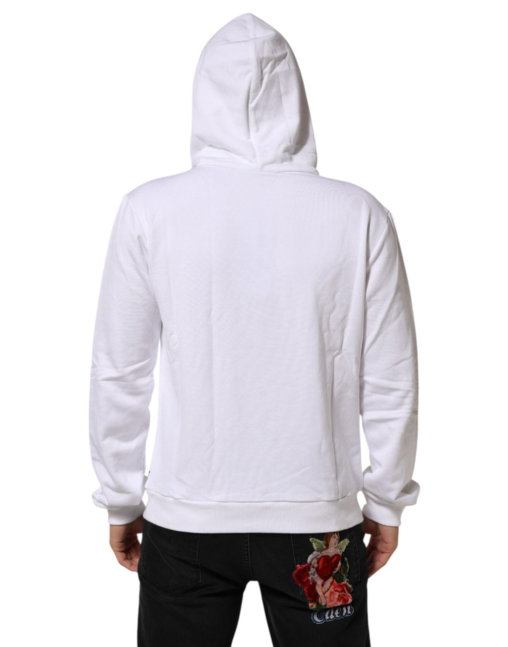 Sweat à capuche blanc Dolce & Gabbana Sacred Heart avec logo et détails artistiques, vêtu d’un sweat-shirt en coton.